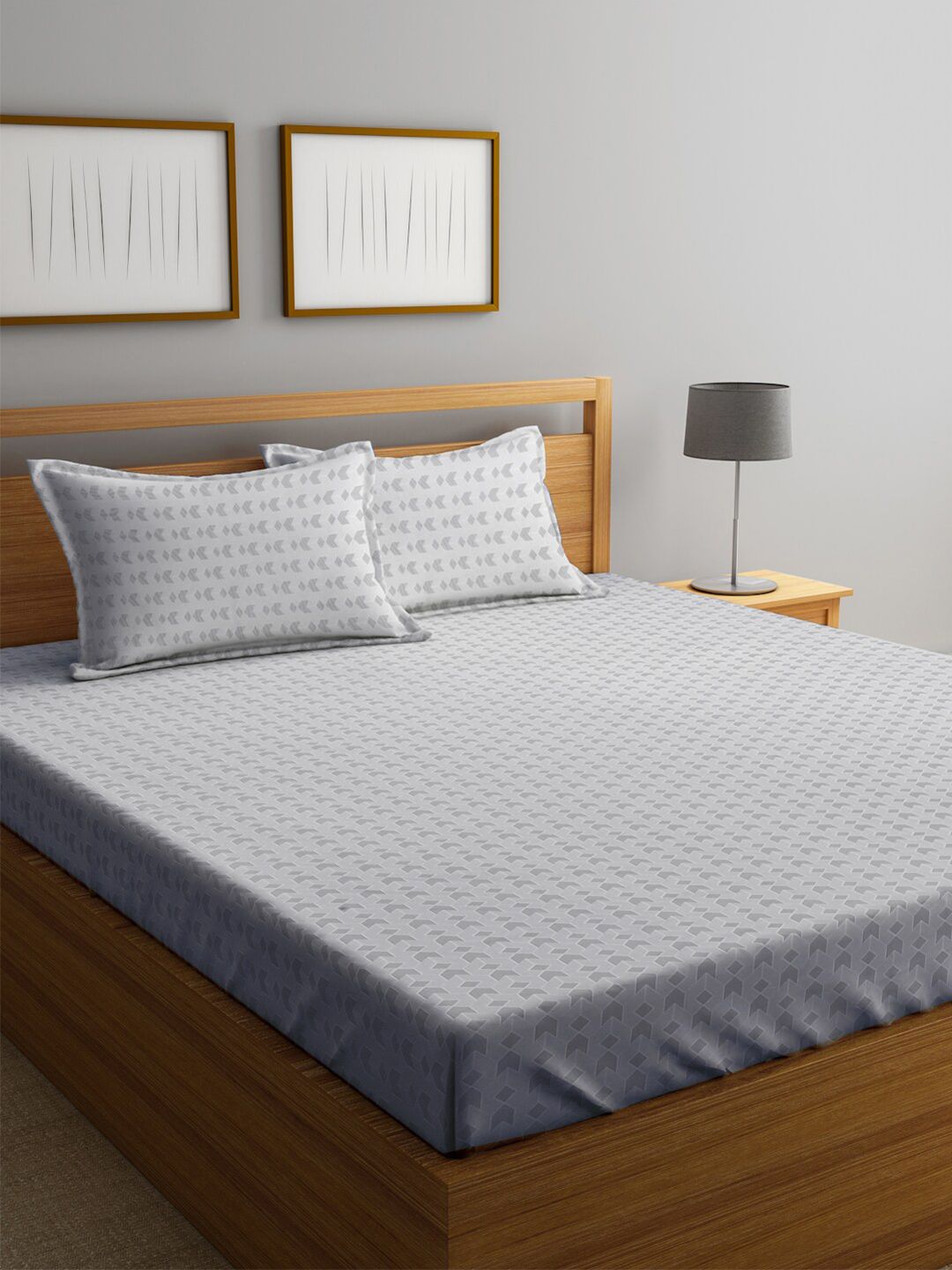 KLOTTHE Grey & White Printed Fitted 300 TC Double King Bedsheet & 2 Pillow Covers-image-31