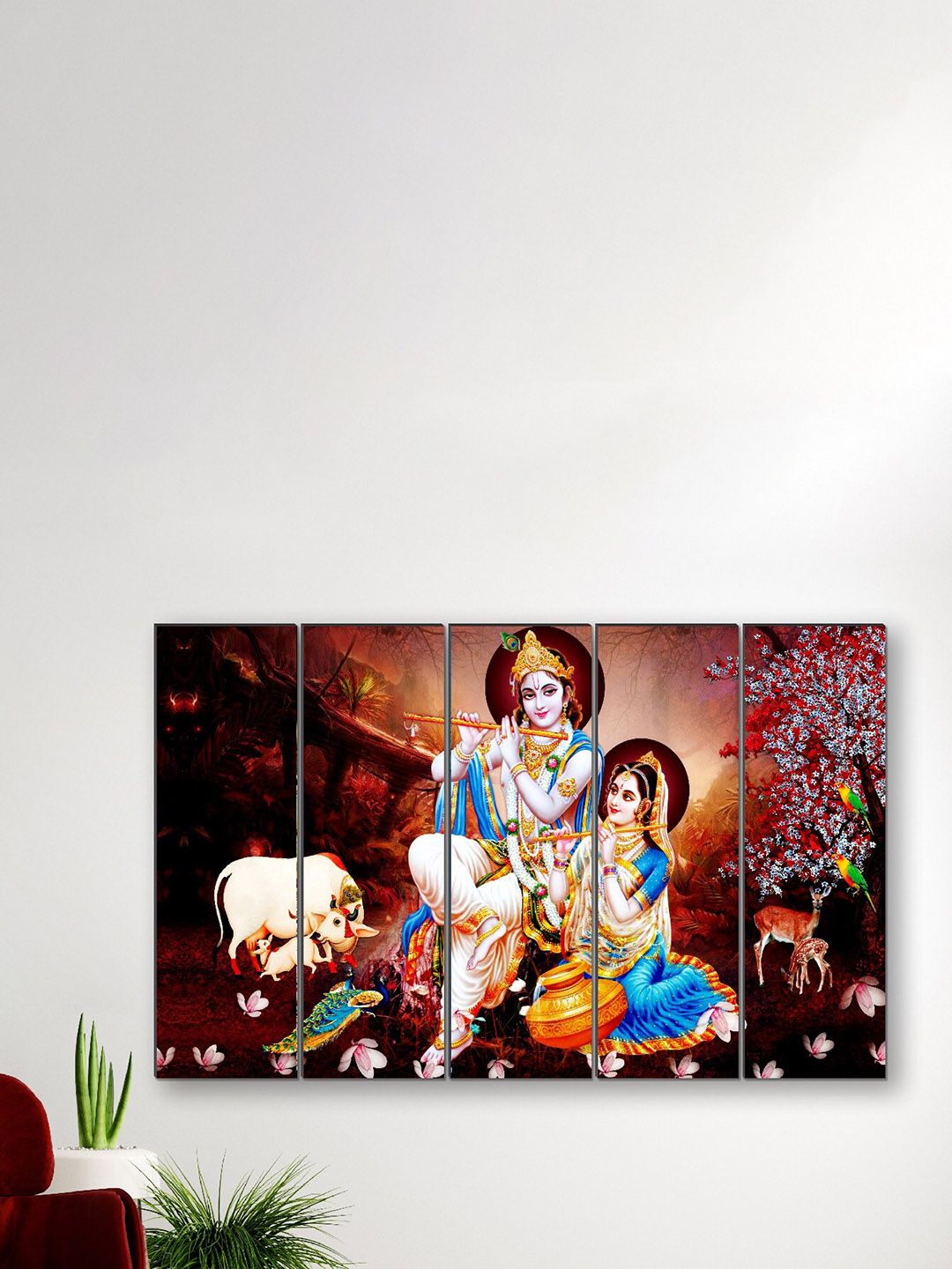 SAF Brown & Beige 5 Pieces Radha Krishna Religious Framed Wall Painting-image-16