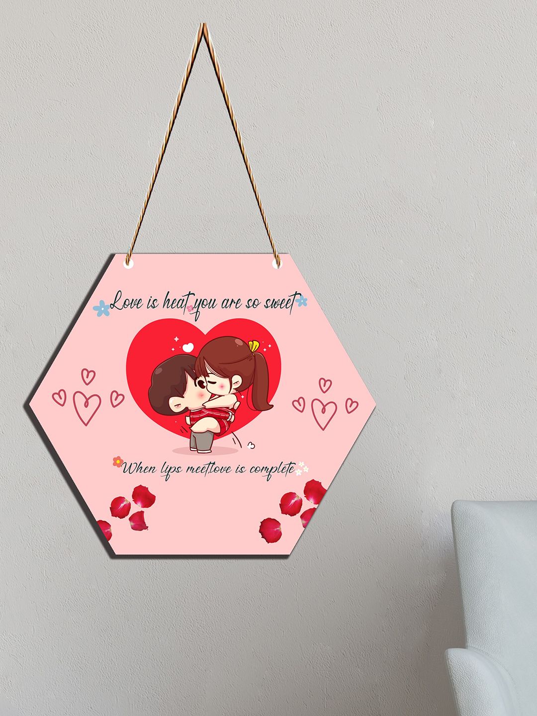 SAF Pink & Red Love Couple Printed Hexagon Shaped Wooden wall hanging With Zardoori-picture-38