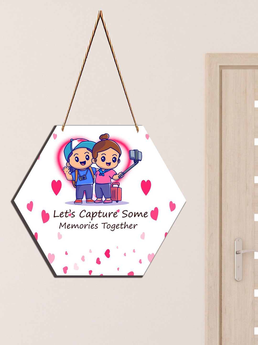 SAF Light White & Pink Love Couple Hexagon Design Wooden Wall Hanging With Zardozi String-picture-16