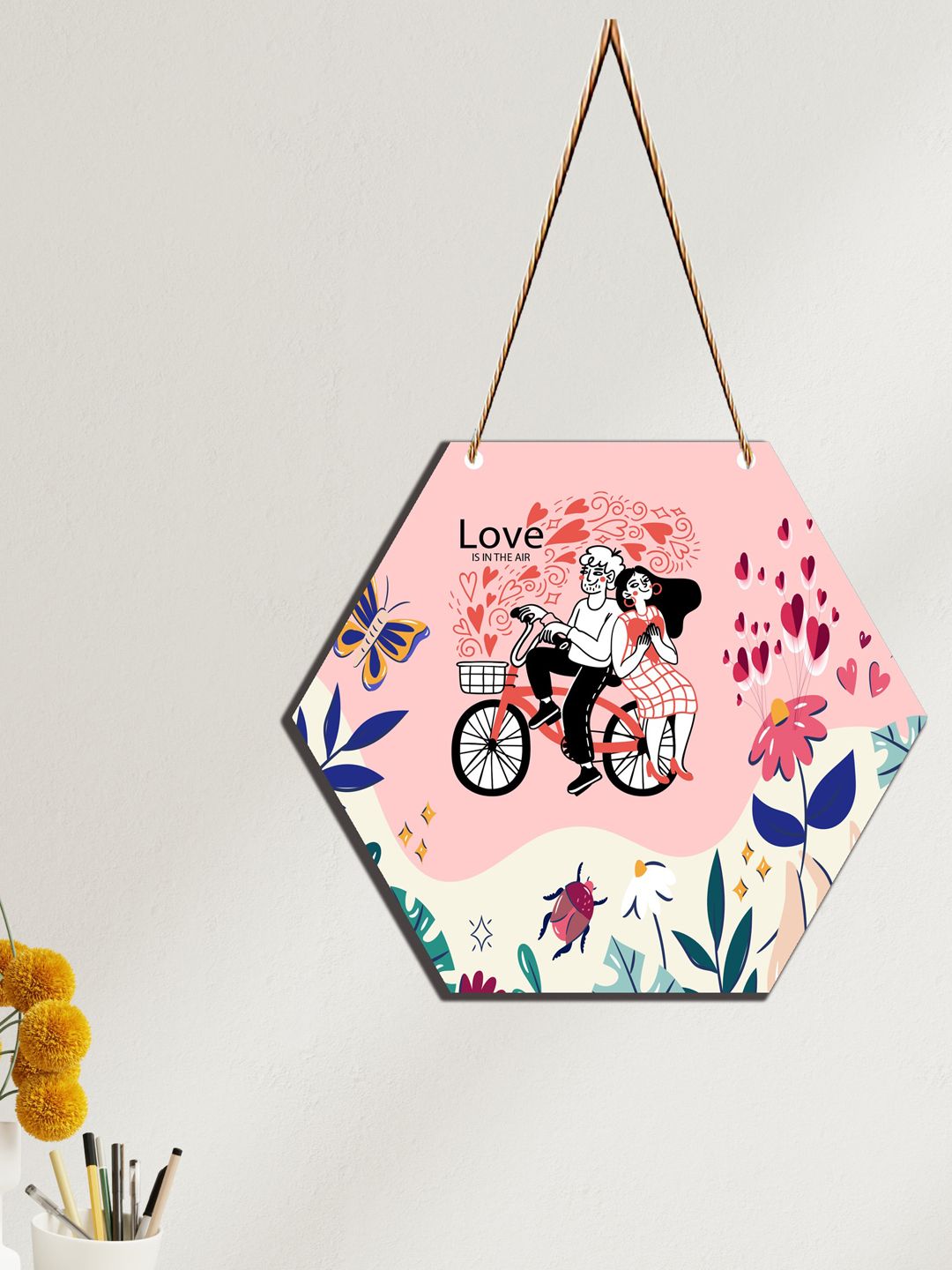 SAF Light Pink & White Love Couple Hexagon Design Wooden Wall Hanging With Zardoori String-picture-21