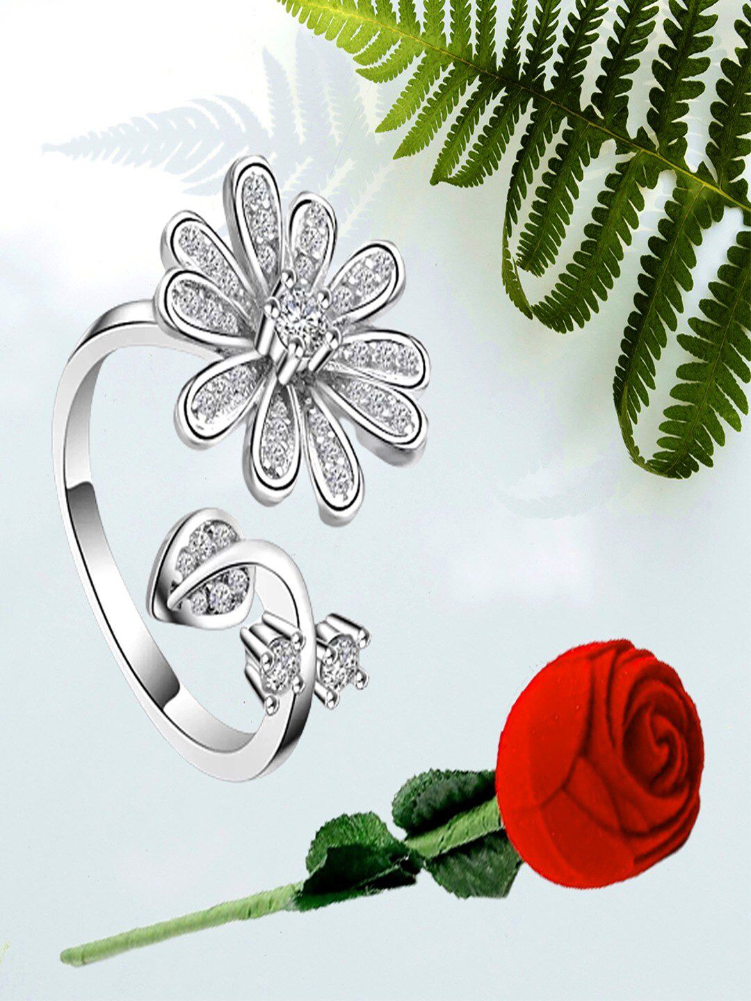 UNIVERSITY TRENDZ Silver-Plated Floral Crystal Stud Ring and Red Rose Velvet Gift Set-image-27