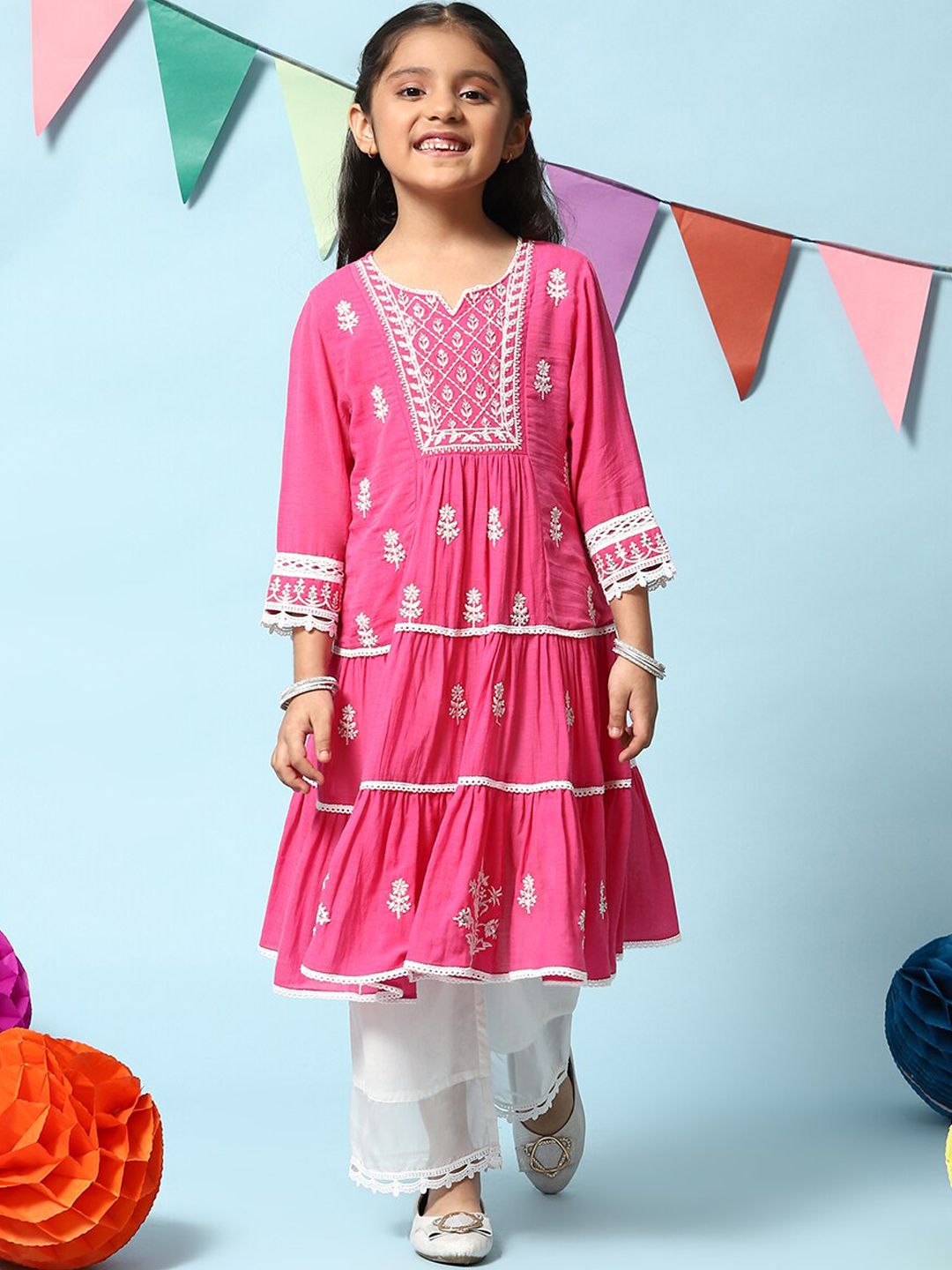 Biba Girls Floral Embroidered Sequined Tiered Kurta with Palazzos-picture-28