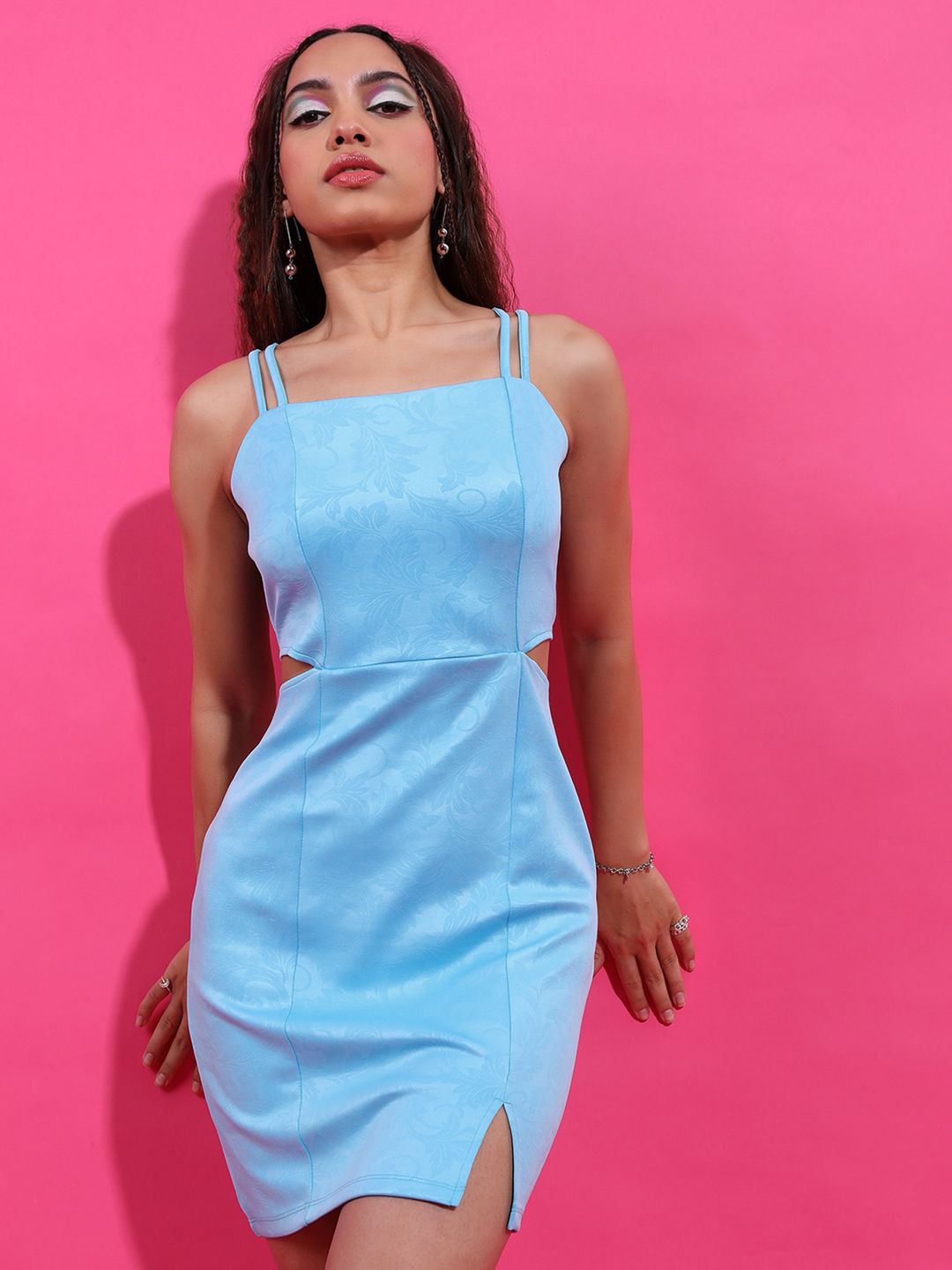 Tokyo Talkies Blue Floral Self Design Cut-Out Detail Mini Bodycon Dress-picture-49