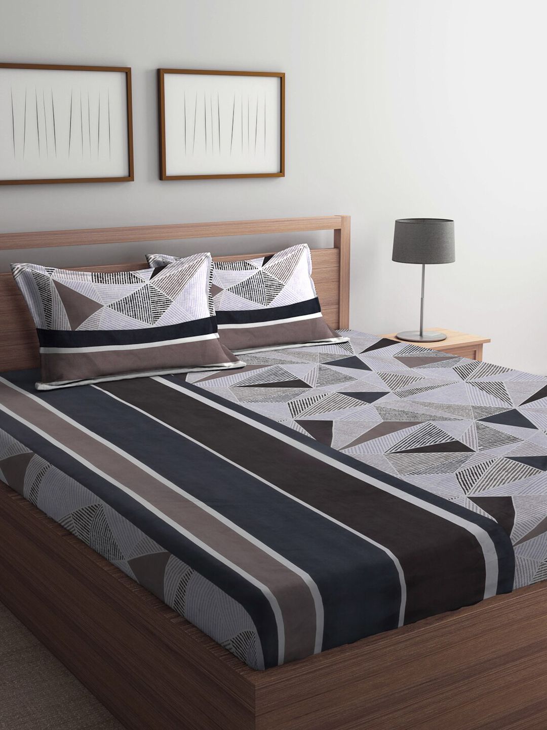 KLOTTHE Brown & Blue Geometric Printed 300 TC King Bedsheet With 2 Pillow Covers-picture-22