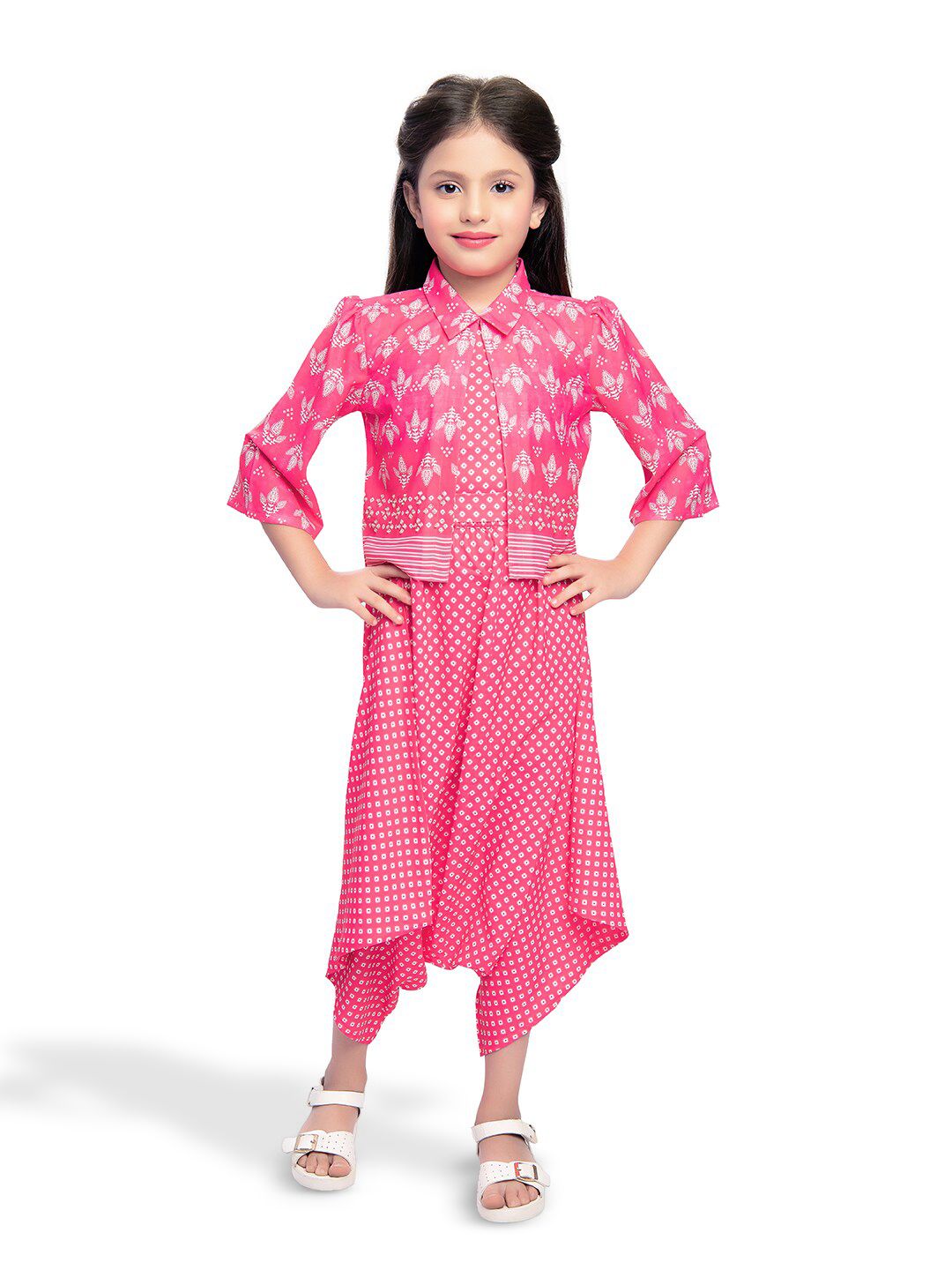Tiny Baby Girls Printed Shirt Collar Top with Dhoti Pants & Jacket-picture-29