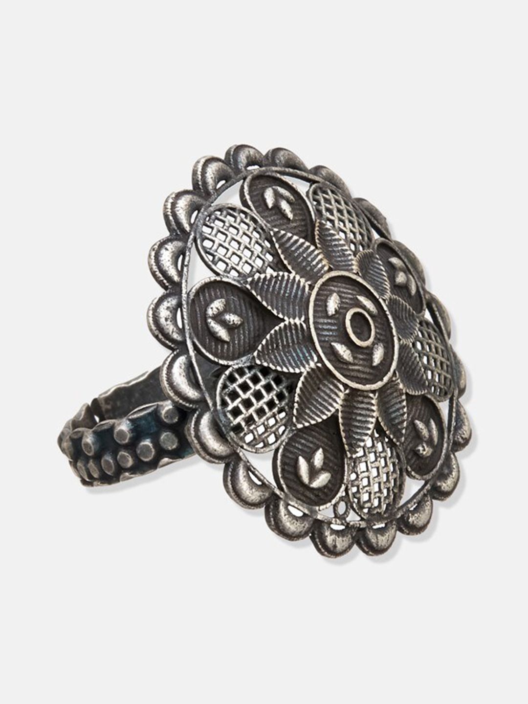 ATIBELLE German Silver-Plated Oxidised Floral Textured Ring