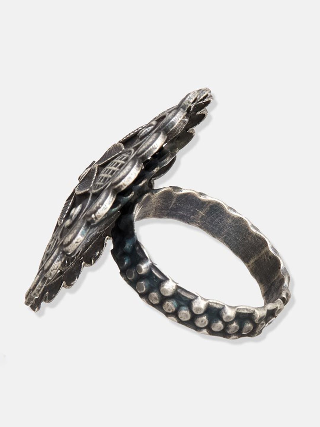 ATIBELLE German Silver-Plated Oxidised Floral Textured Ring