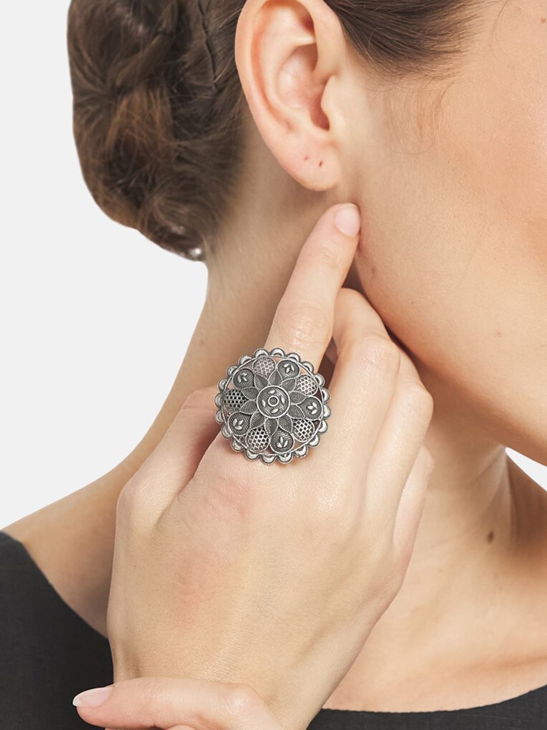ATIBELLE German Silver-Plated Oxidised Floral Textured Ring