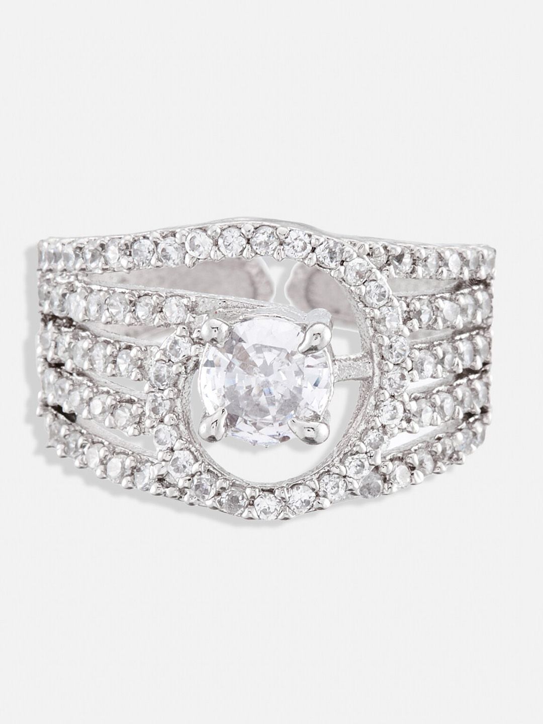 ATIBELLE Set of 2 Silver-Plated AD Stone-Studded Adjustable Ring