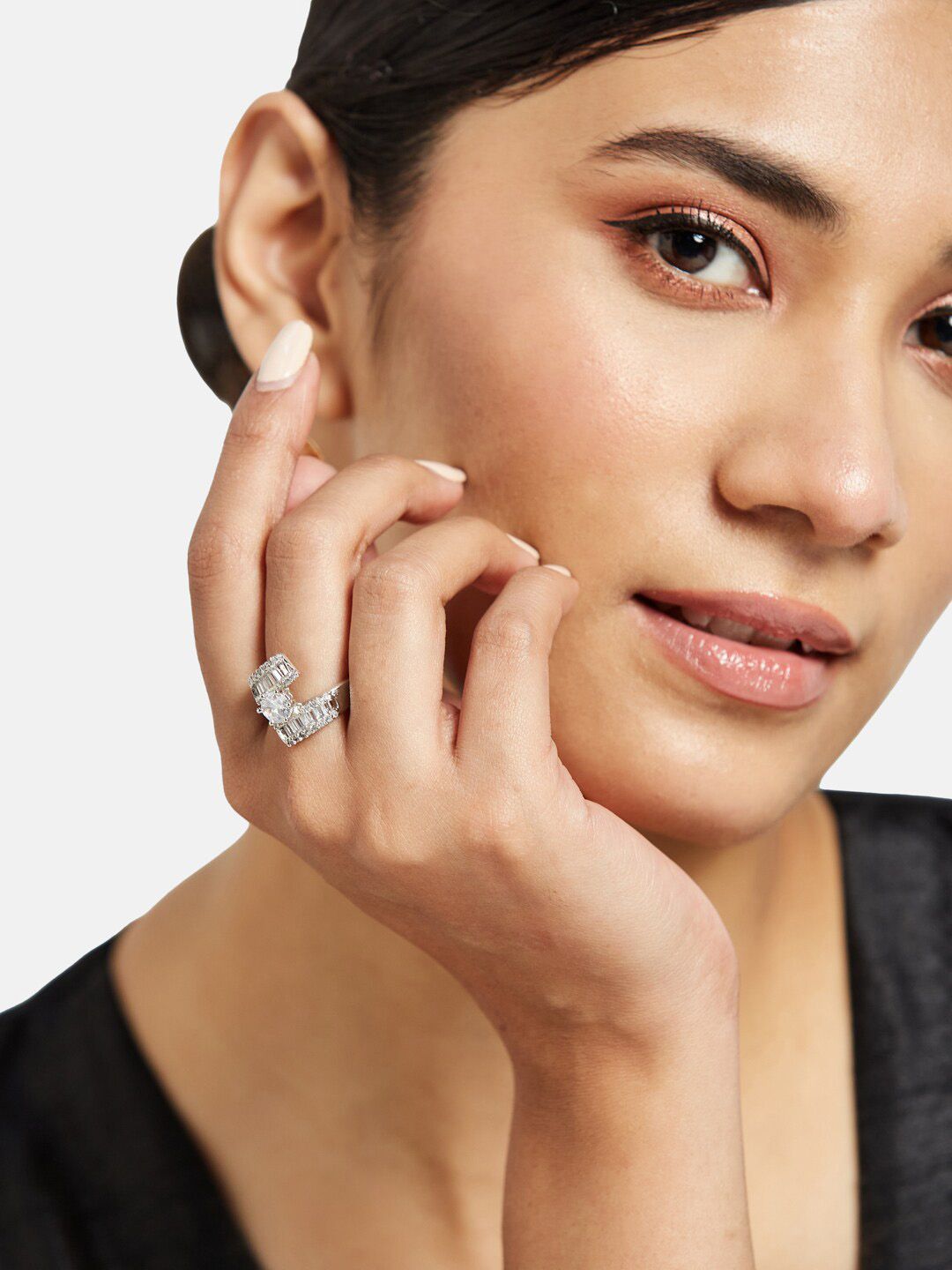 ATIBELLE Set of 2 Silver-Plated AD Stone-Studded Adjustable Ring