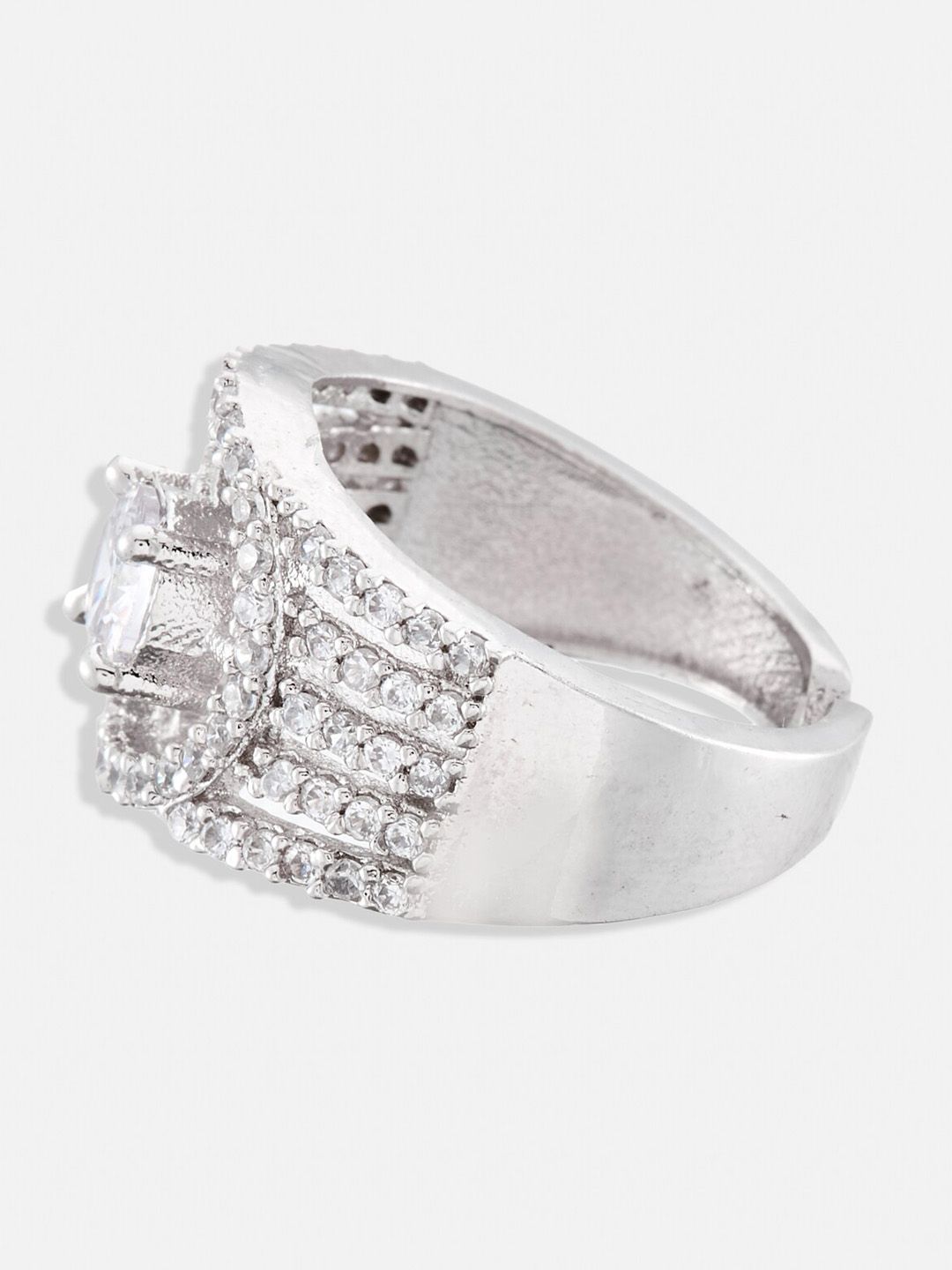 ATIBELLE Set of 2 Silver-Plated AD Stone-Studded Adjustable Ring