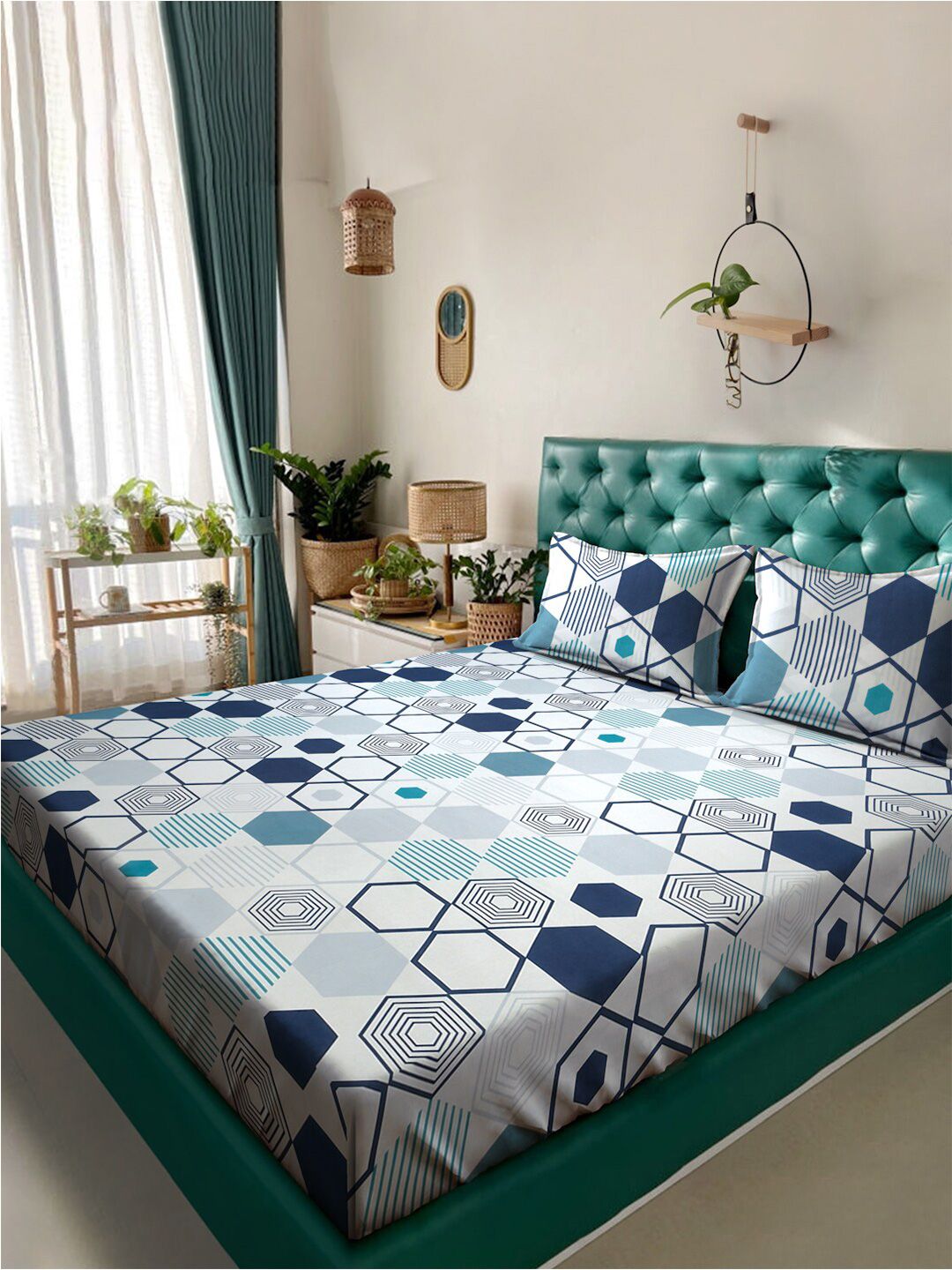 KLOTTHE Grey & Blue Geometric Fitted 300 TC King Bedsheet with 2 Pillow Covers-image-35