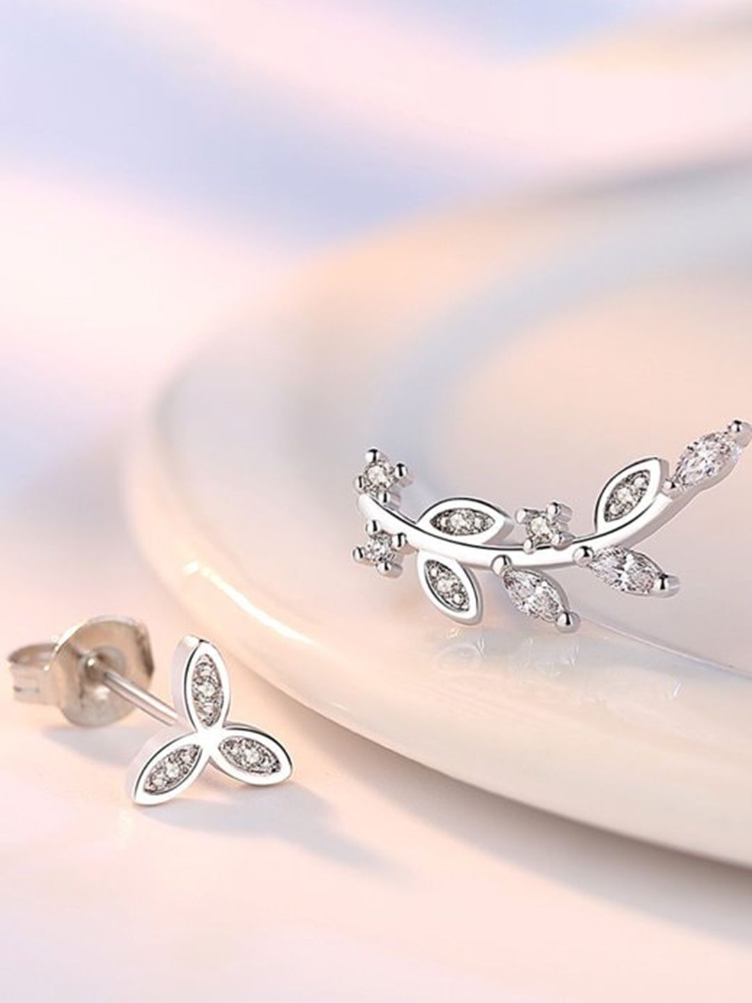 MYKI Silver-Plated Cubic Zirconia Studded Leaf Shaped Studs Earrings-picture-43