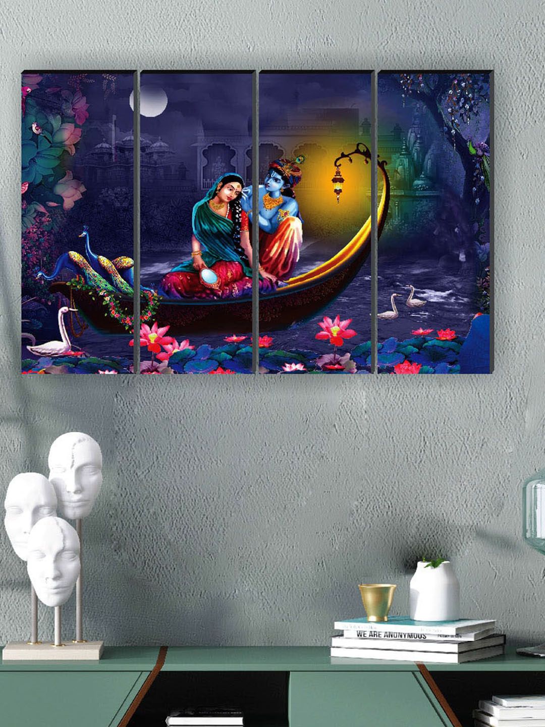 SAF 4 Pieces Blue & Red Radha Krishna Printed Framed Wall Art-image-18