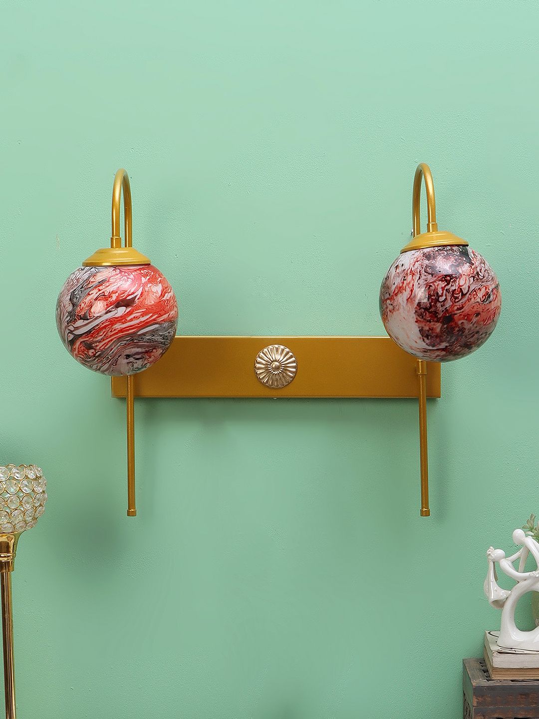 MFD HOME FURNISHING Gold-Toned & Red Printed Glass Wall Mounted Lamps With Metal Base-image-32