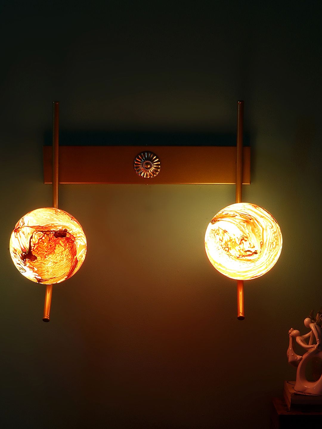 MFD HOME FURNISHING Gold Toned & Red Printed Glass Wall Lamp With Metal Base-image-44
