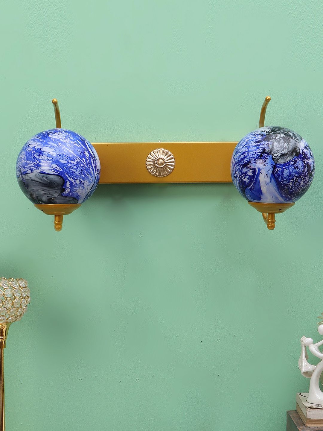 MFD HOME FURNISHING Blue & White Printed Glass Wall Lamp With Metal Base-image-43