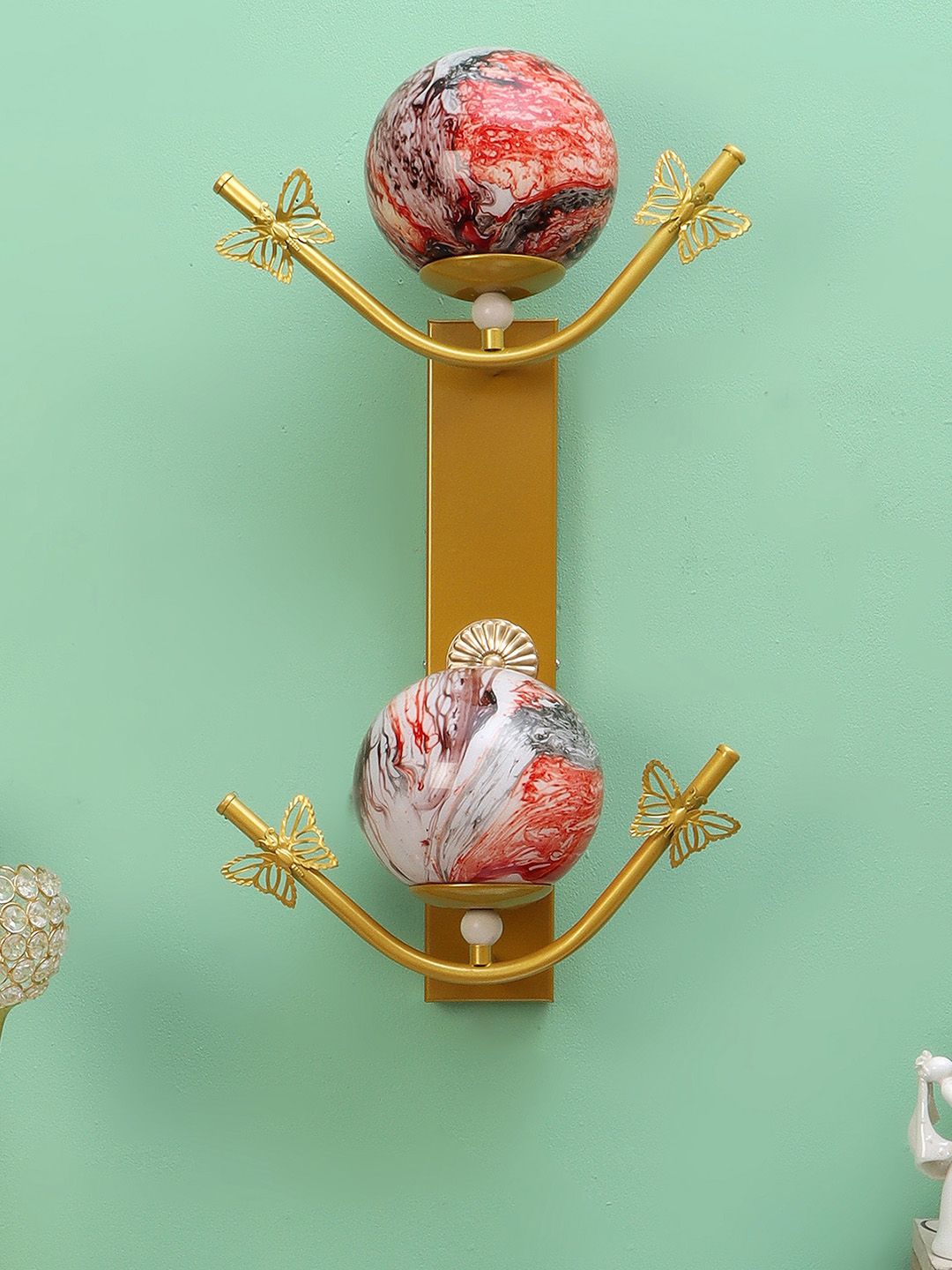 MFD HOME FURNISHING Gold Toned & Red Printed Wall Lamp With Metal Base-image-31
