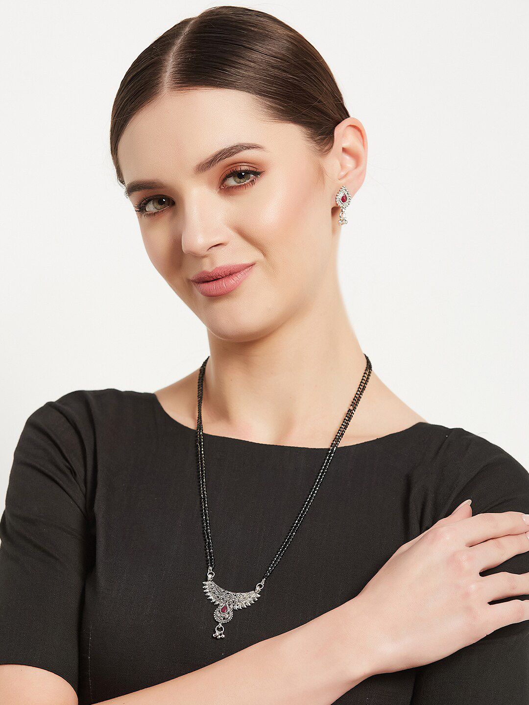 ATIBELLE Silver-Plated Stone-Studded & Black Beaded Mangalsutra With Earrings