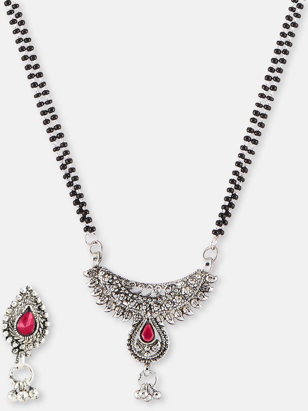 ATIBELLE Silver-Plated Stone-Studded & Black Beaded Mangalsutra With Earrings
