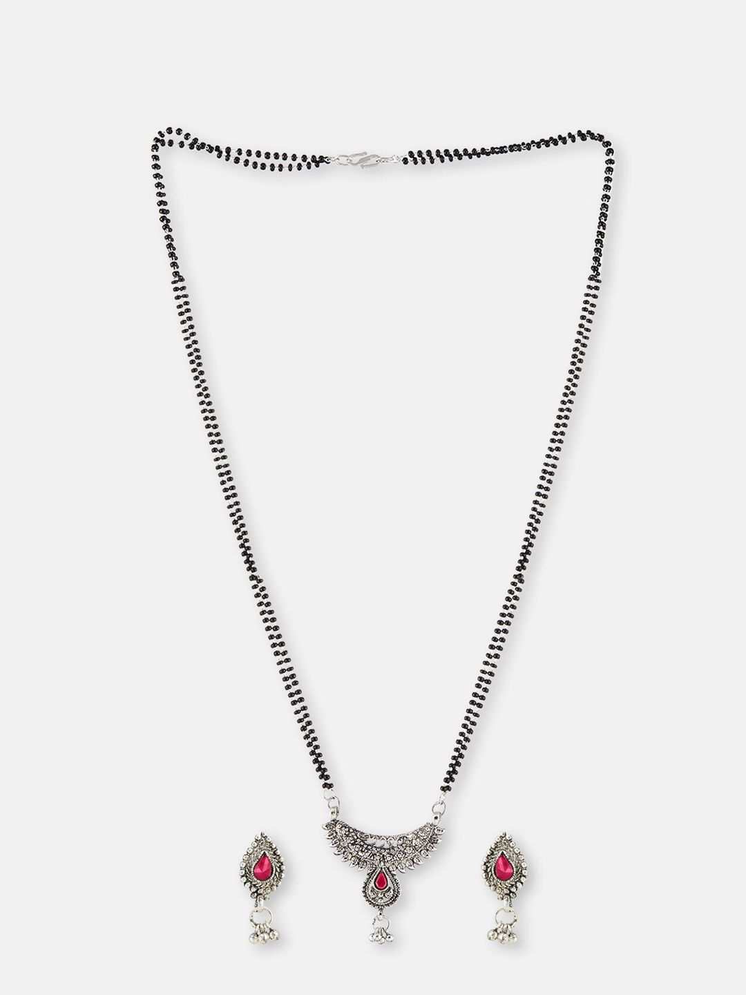 ATIBELLE Silver-Plated Stone-Studded & Black Beaded Mangalsutra With Earrings