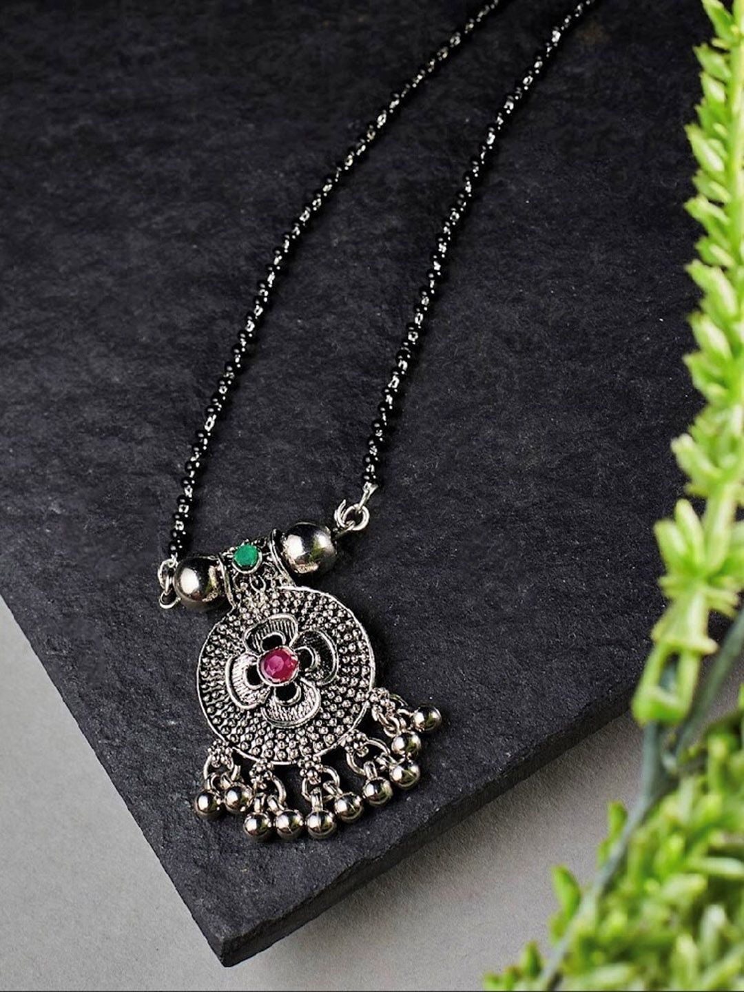 ATIBELLE Silver-Plated Stone-Studded & Beaded Mangalsutra