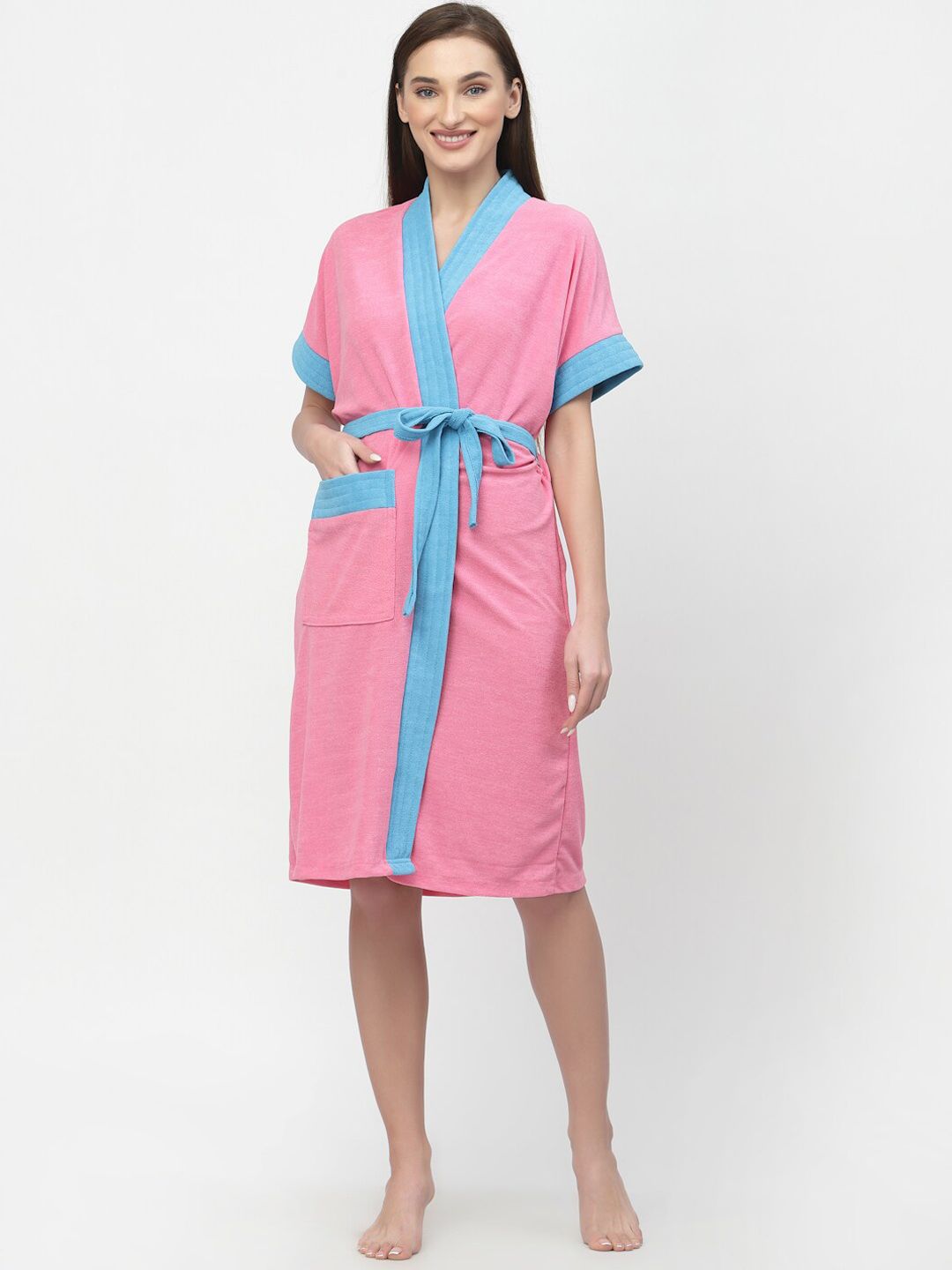 POORAK Pink V-Neck Waist Tie-Up Terry Cotton Bath Robe-image-8
