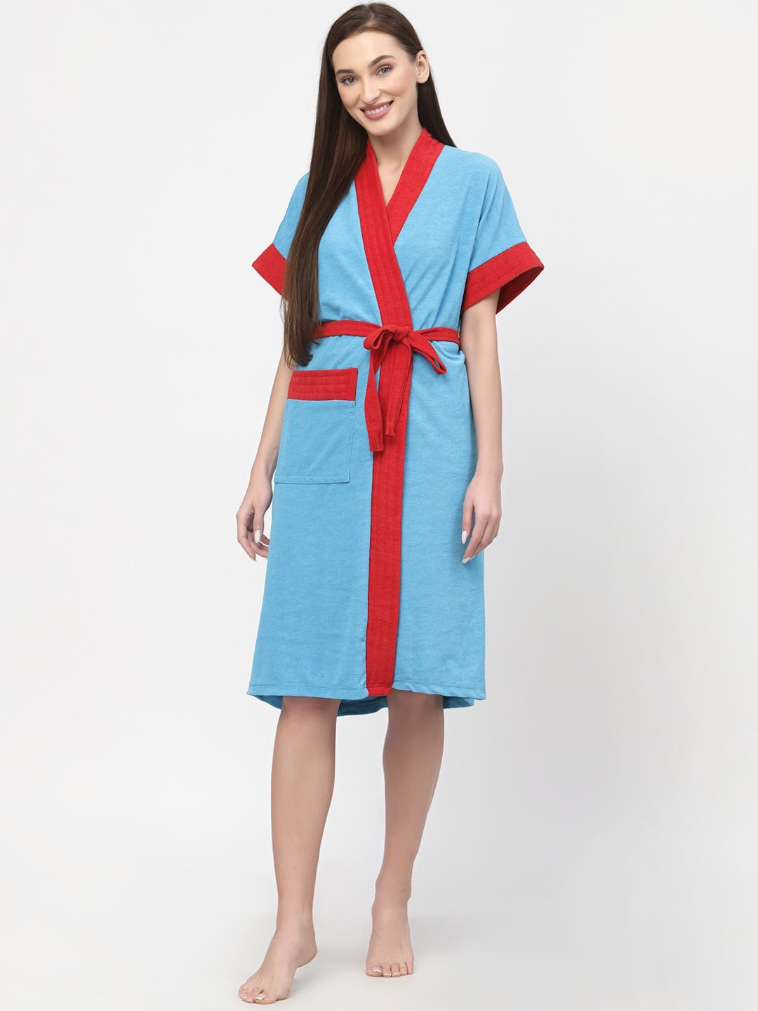 POORAK Blue & Red V-Neck Waist Tie-Up Terry Cotton Bath Robe-image-17