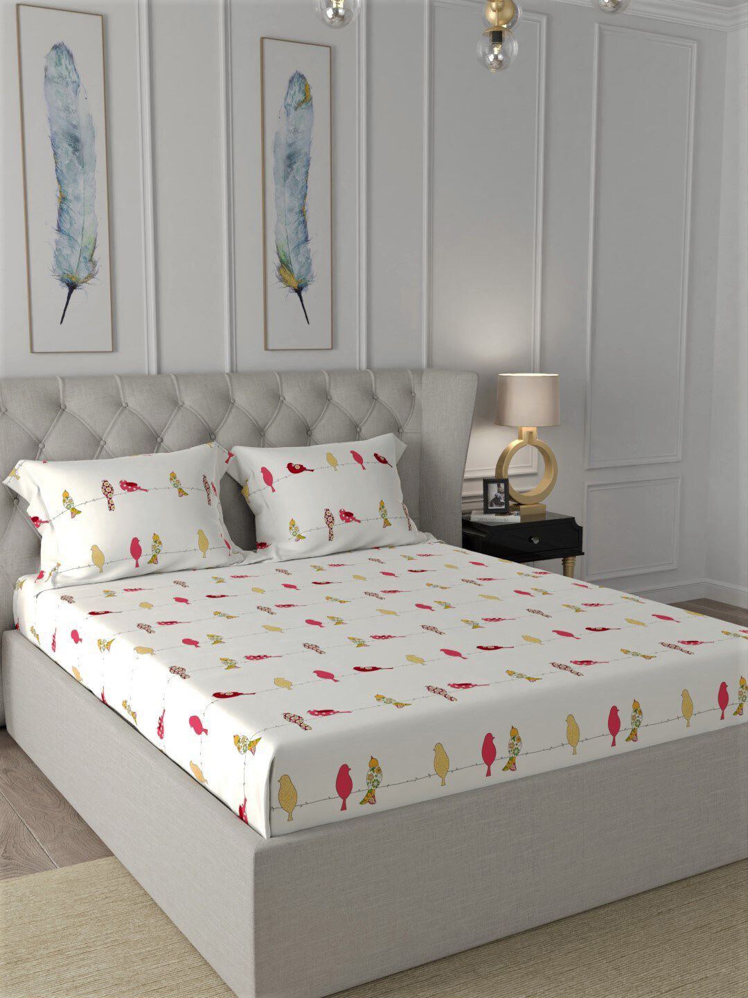 URBAN SPACE White & Red Humming Bird Print 144TC Cotton King Bedsheet with 2 Pillow Covers-image-42