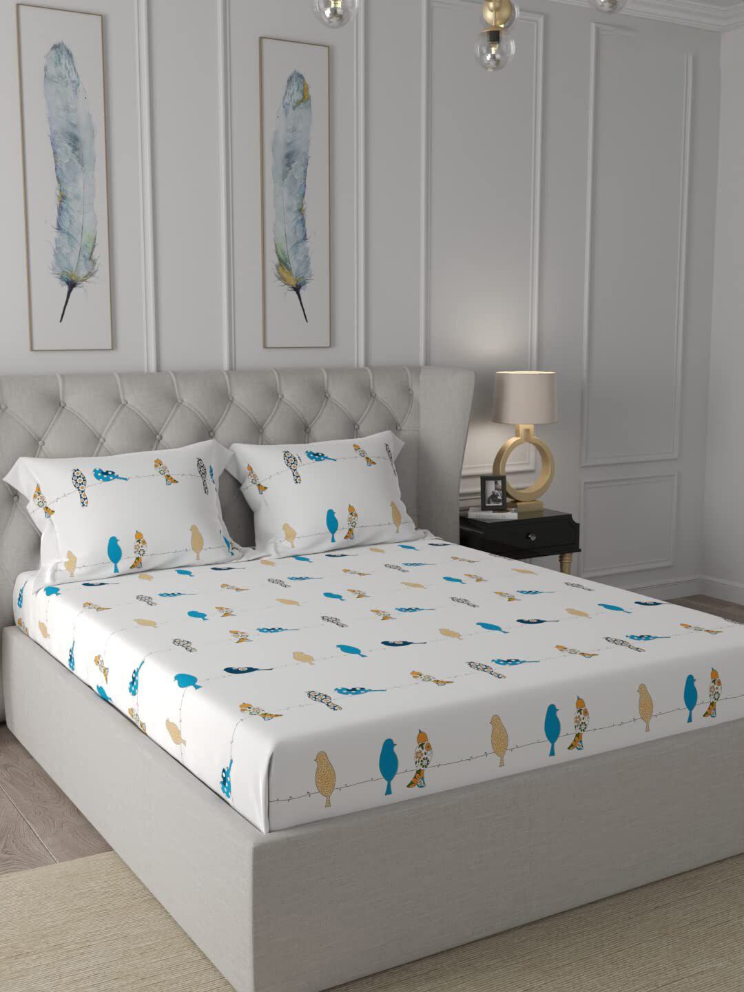 URBAN SPACE White & Blue Printed 144 TC Cotton Fitted King Bedsheet with 2 Pillow Covers-picture-19