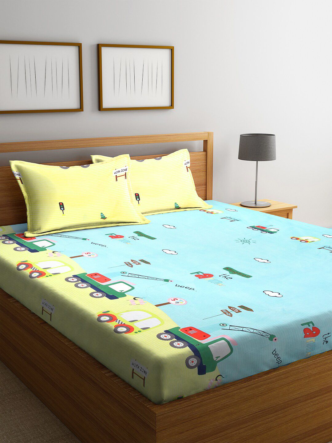 FABINALIV Blue & Yellow Cartoon Characters 300 TC King Bedsheet With 2 Pillow Covers-image-16