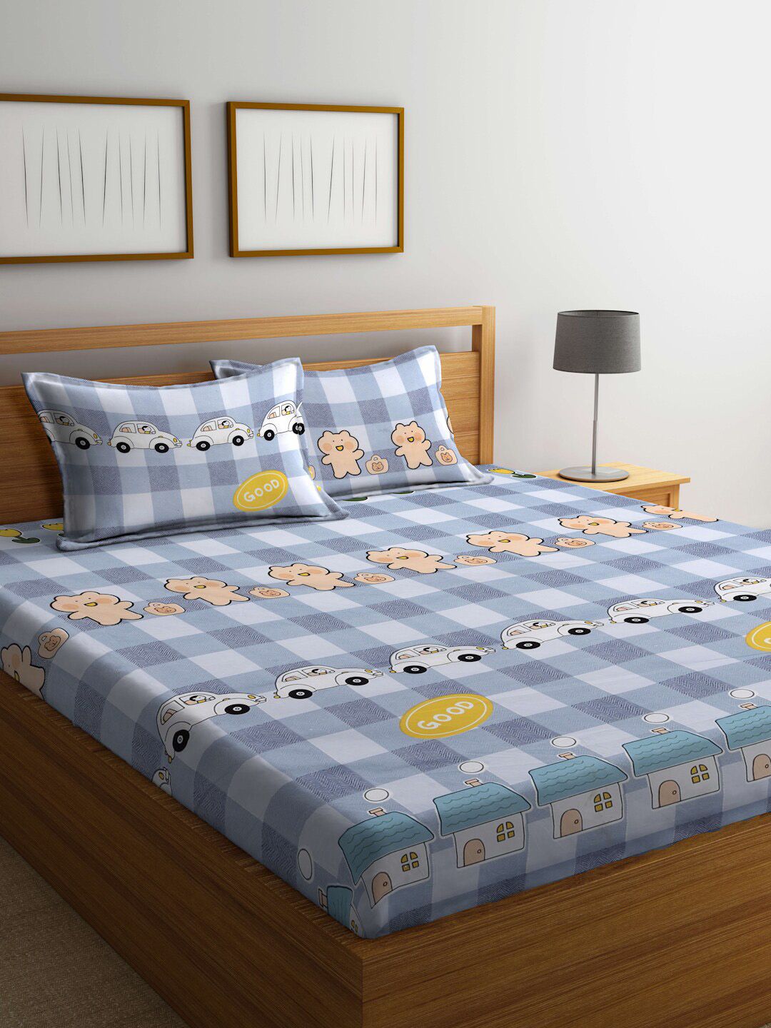 FABINALIV Grey & White Cartoon Characters 300 TC King Bedsheet With 2 Pillow Covers-image-6