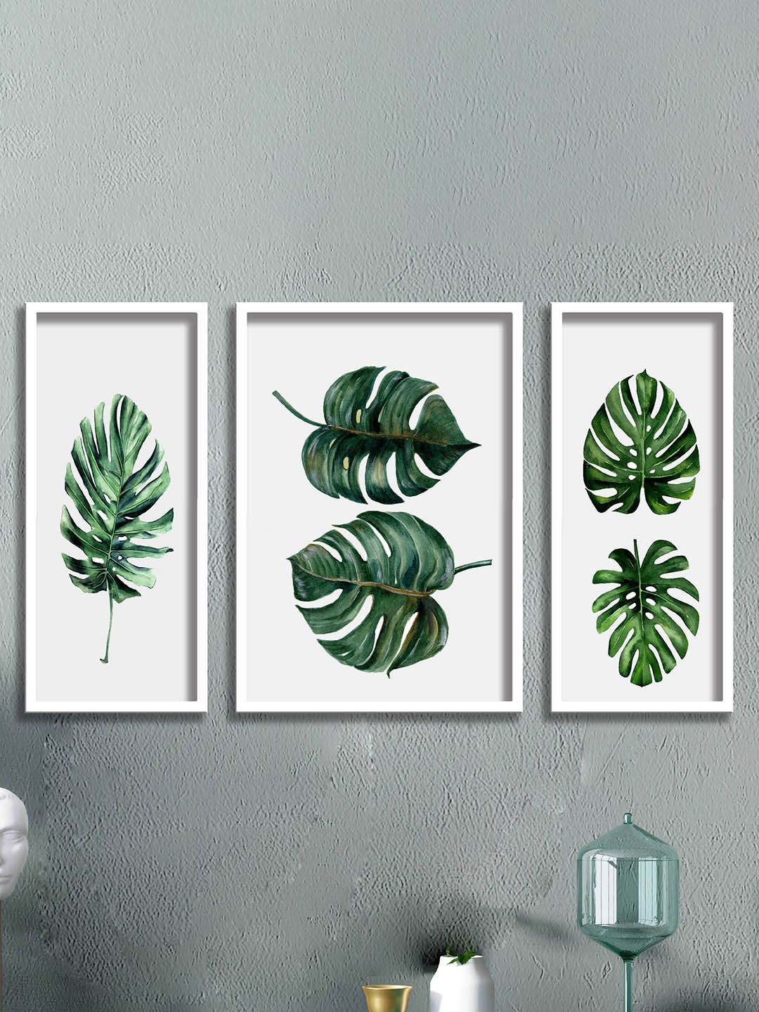 SAF White and Yellow 3 Pieces Tropical Leaves Painted  Framed Wall Art-image-24