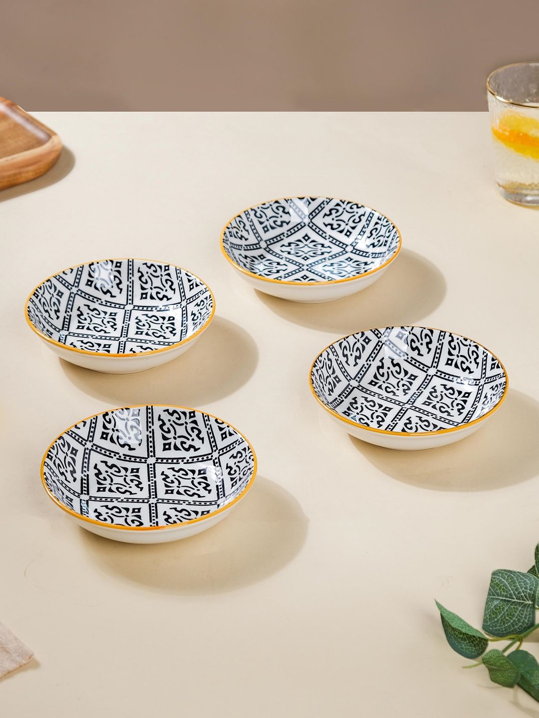 Nestasia White & Black 4 Pieces Ethnic Motifs Printed Ceramic Glossy Appetizer Plates-picture-5