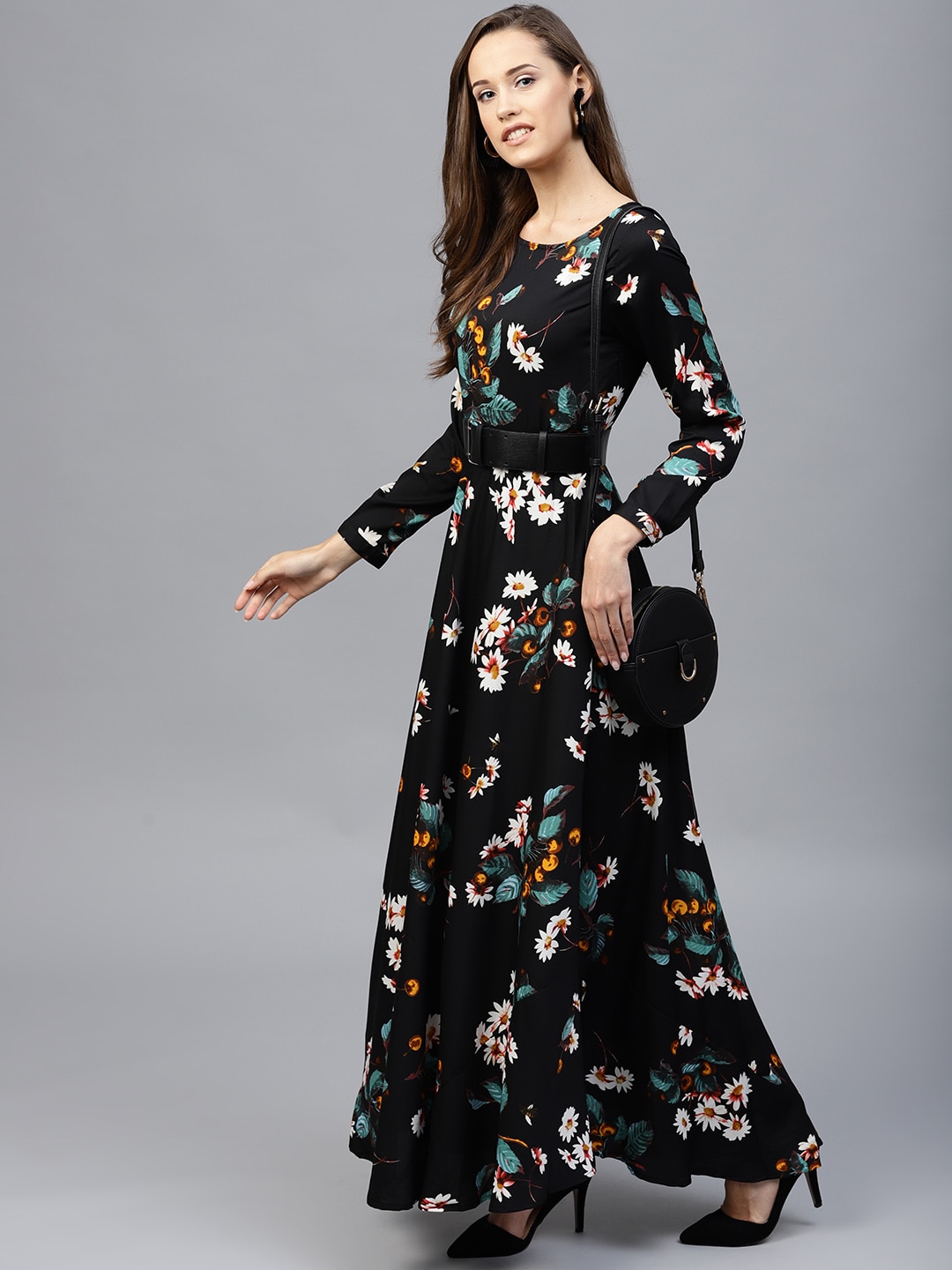 Tokyo Talkies Black Floral Print Flared Maxi Dress with a Belt