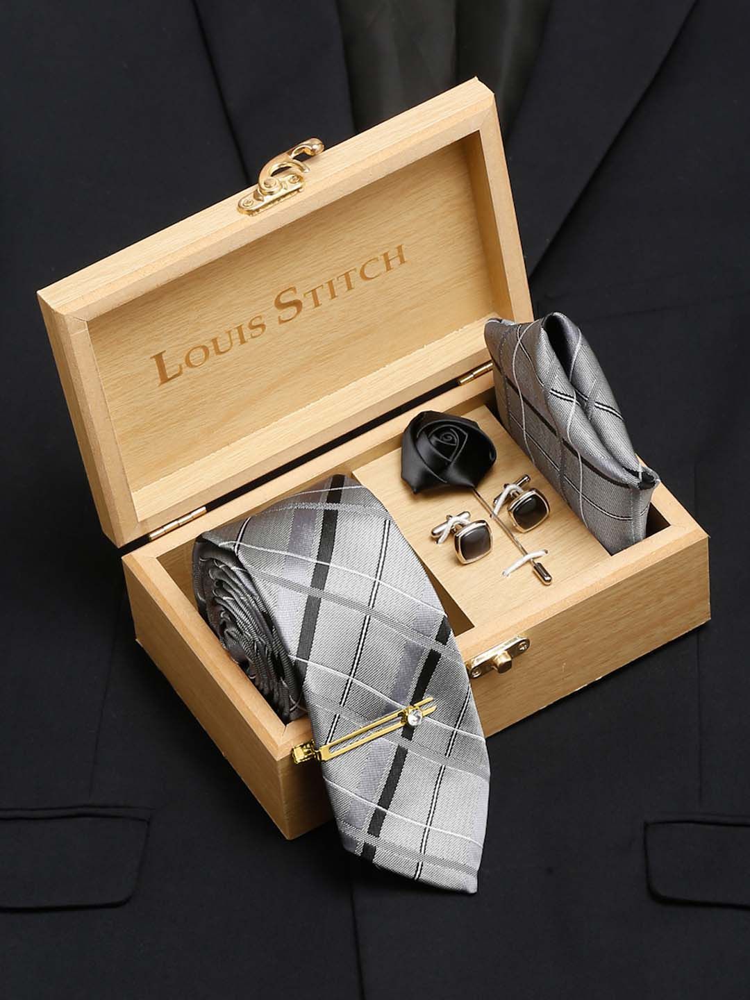 LOUIS STITCH Men Pewter Grey Italian Silk Necktie Accessory Gift Set-image-48