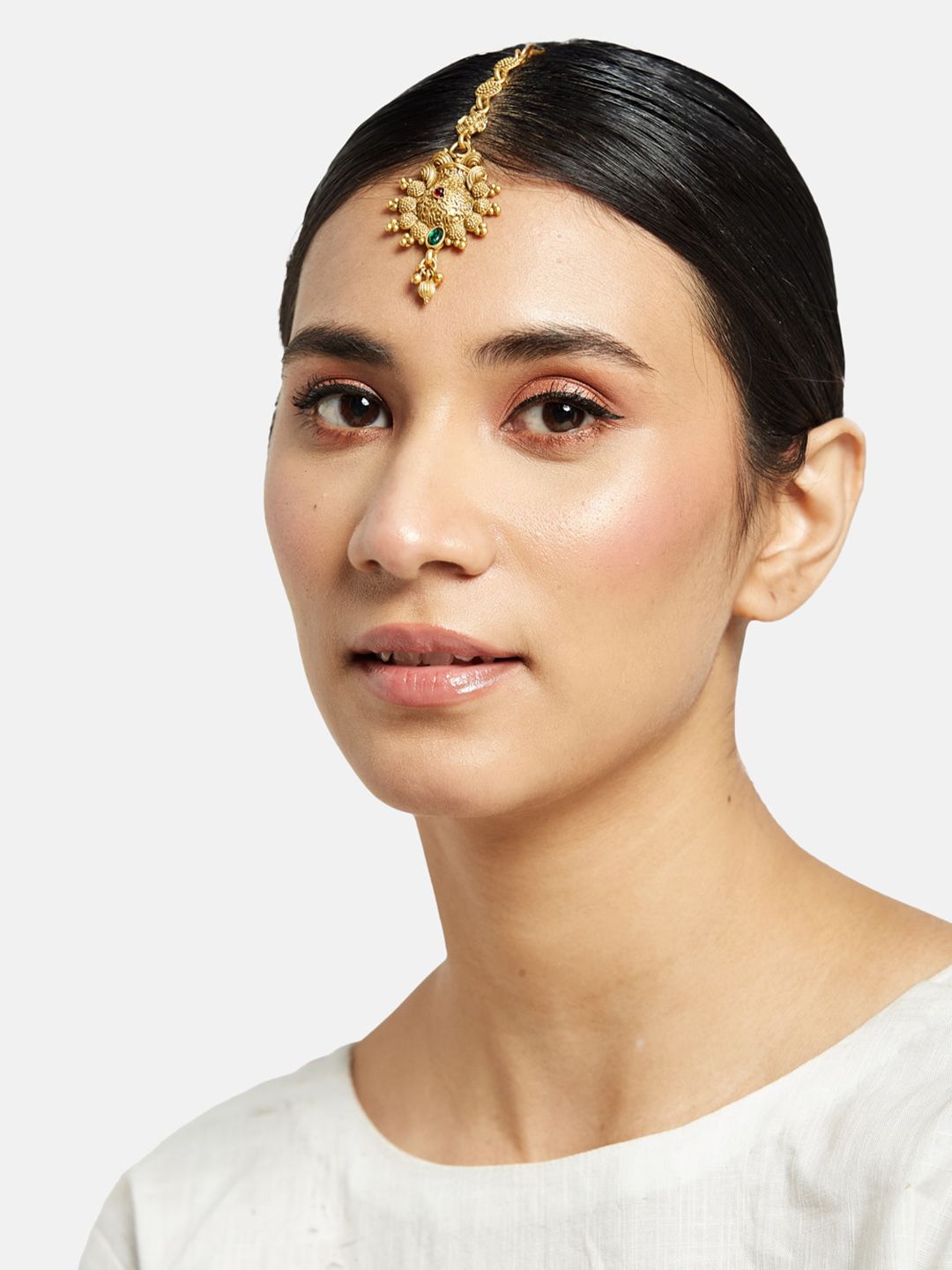 ATIBELLE Set Of 3 Gold-Plated Stone Studded & Beaded Maang Tikka