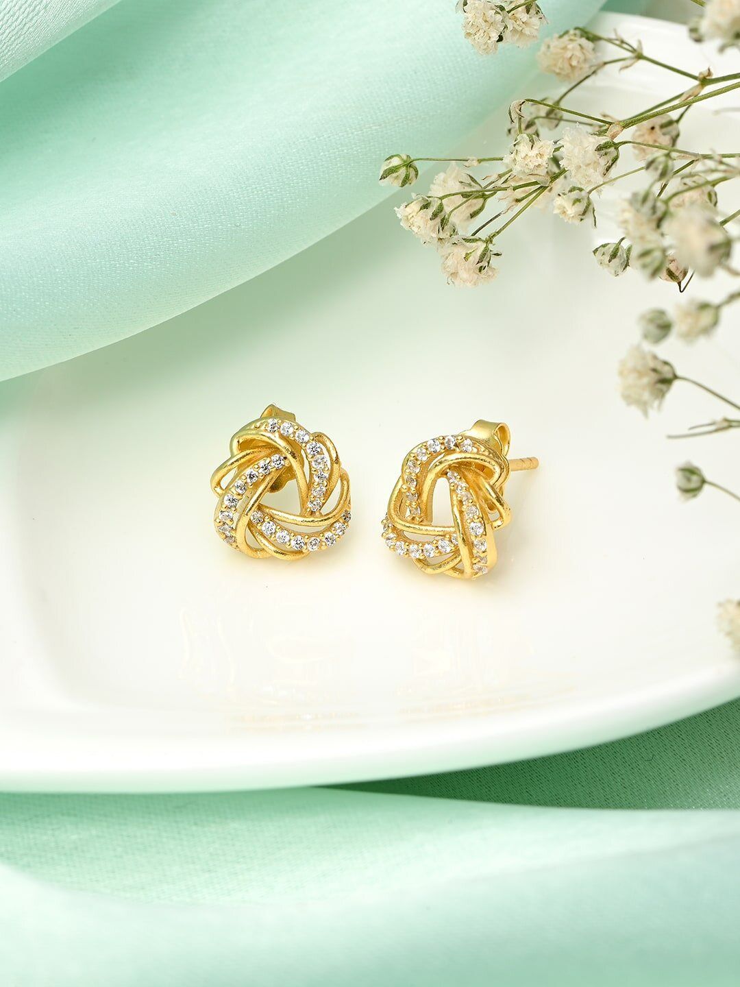 Zavya 925 Pure Silver Cubic Zirconia Gold-Plated Contemporary Studs Earrings-picture-47