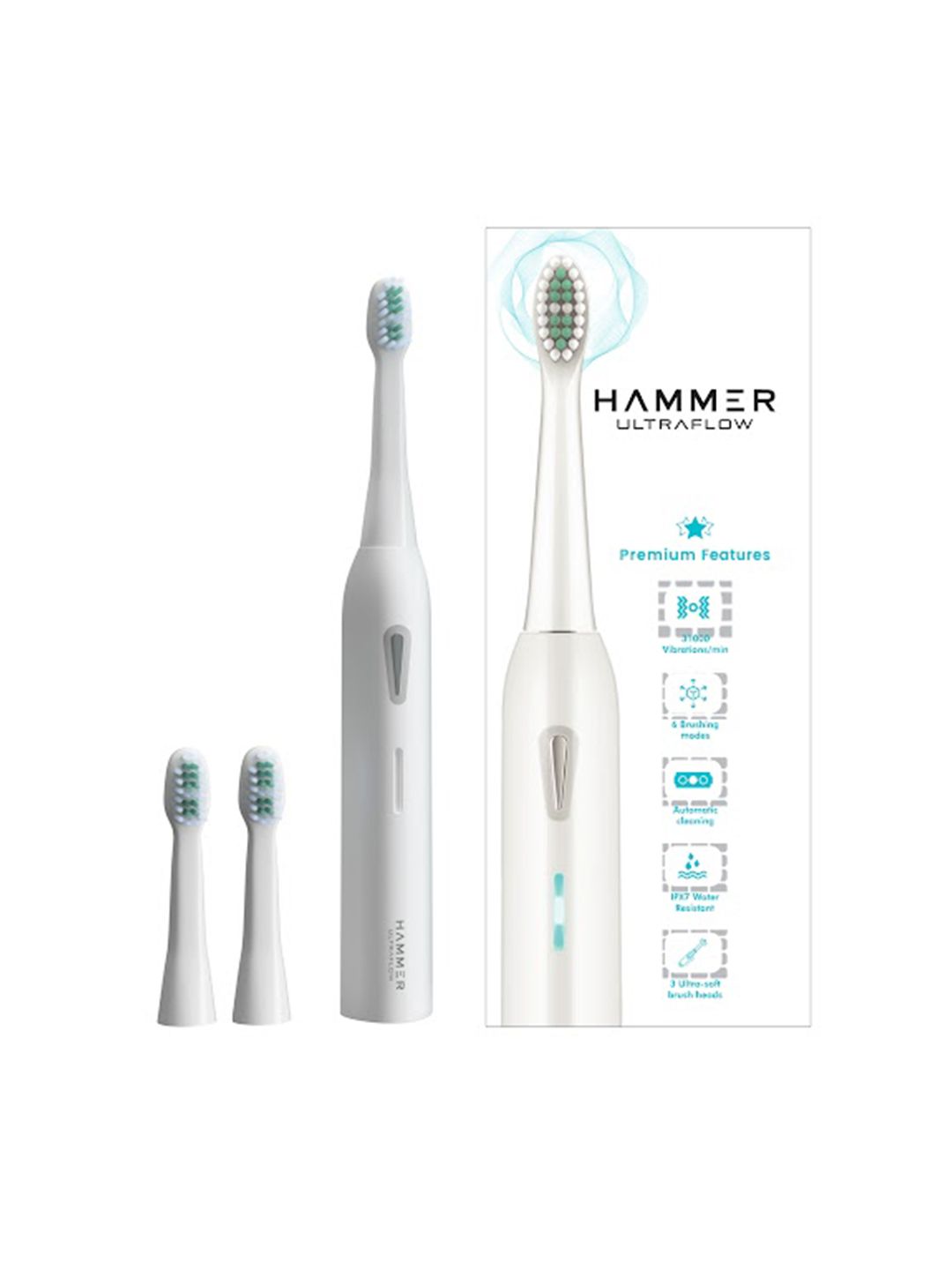 HAMMER Ultraflow Electric Toothbrush with 3 Replaceable Brush Heads & 6 Modes - White-picture-37