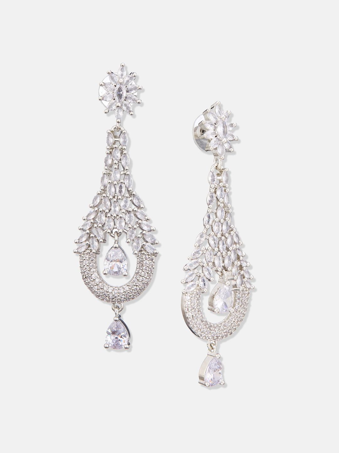 ATIBELLE Silver Plated AD Studded Leaf Drop Earrings