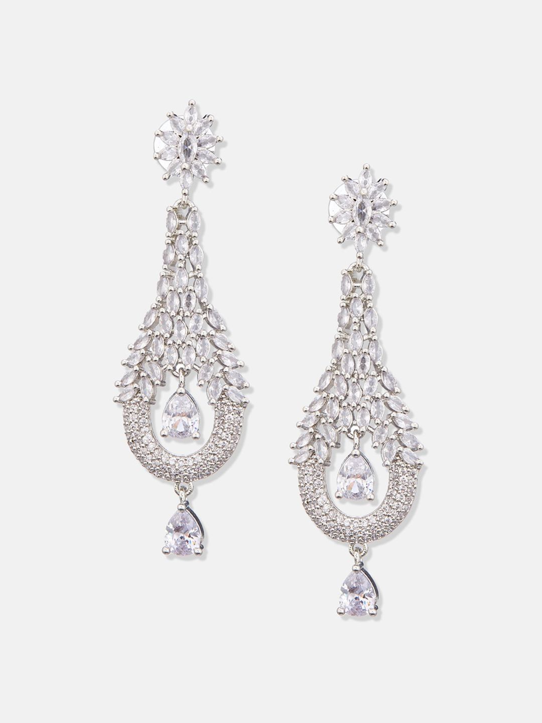 ATIBELLE Silver Plated AD Studded Leaf Drop Earrings
