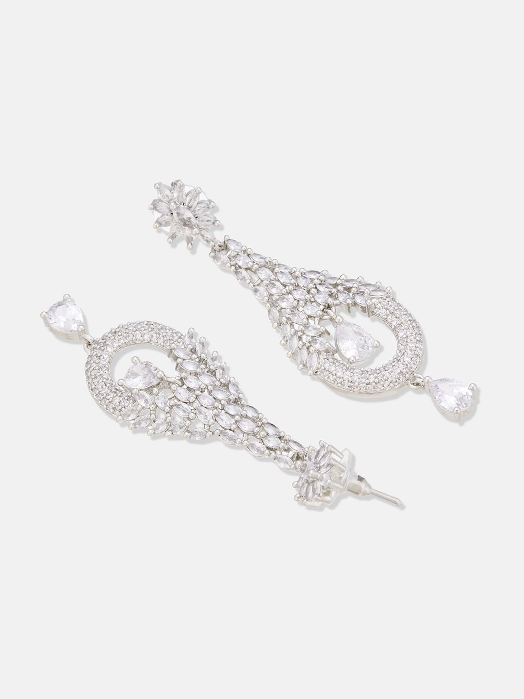 ATIBELLE Silver Plated AD Studded Leaf Drop Earrings