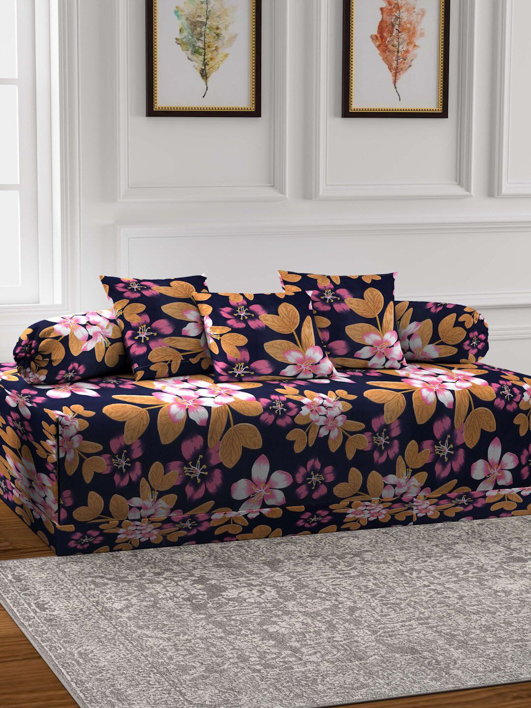 FABINALIV Navy Blue & Pink 6 Pieces Floral Printed 300 TC Diwan Set-image-36