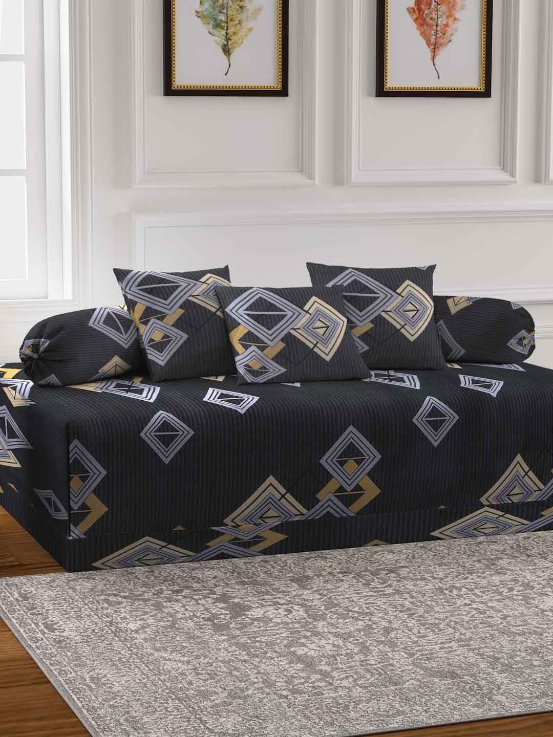FABINALIV Black 6-Pieces Geometric Printed 300 TC Diwan Set-image-5