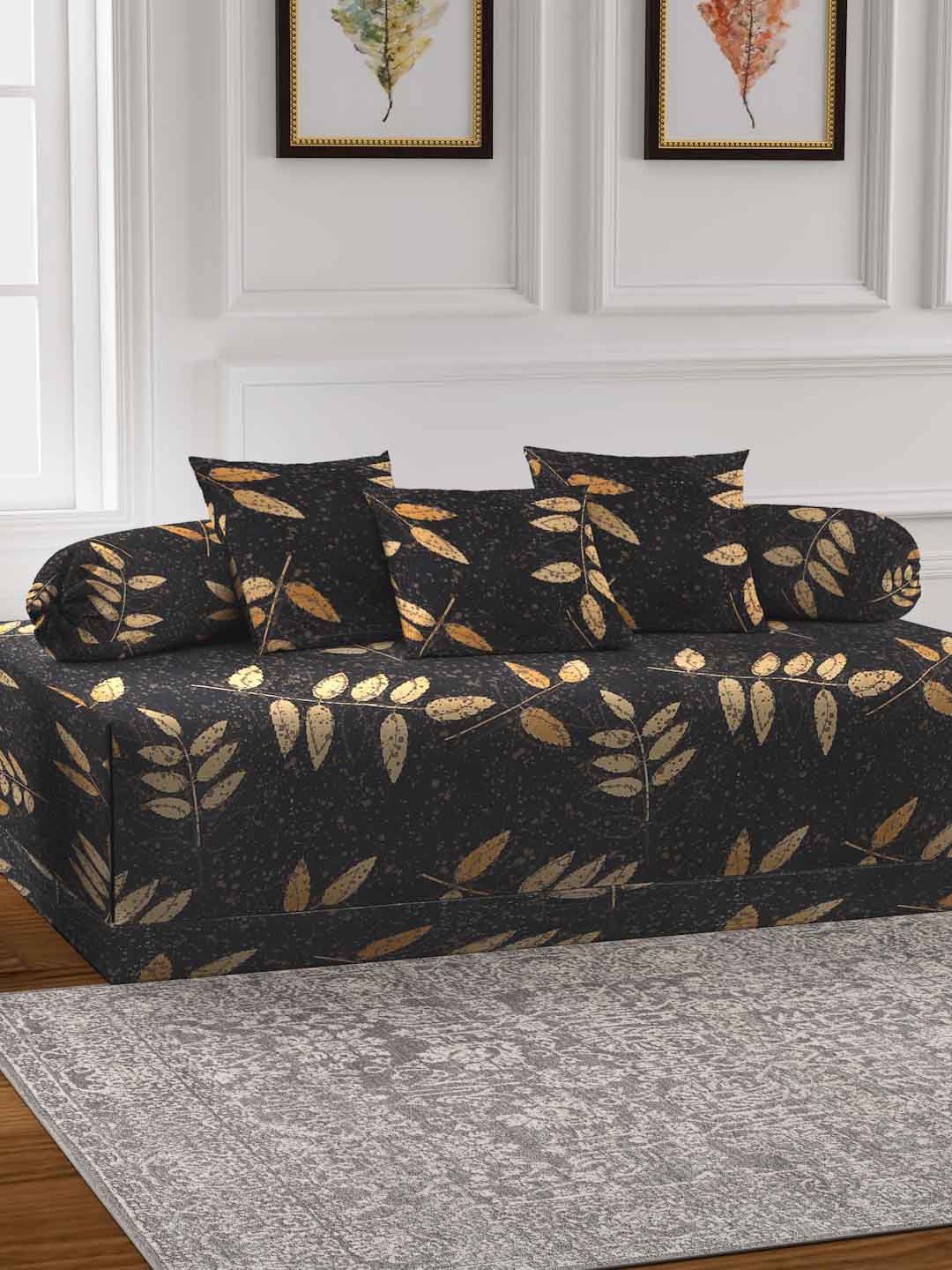 FABINALIV Black 6-Pieces Floral Printed 300 TC Diwan Set-image-23