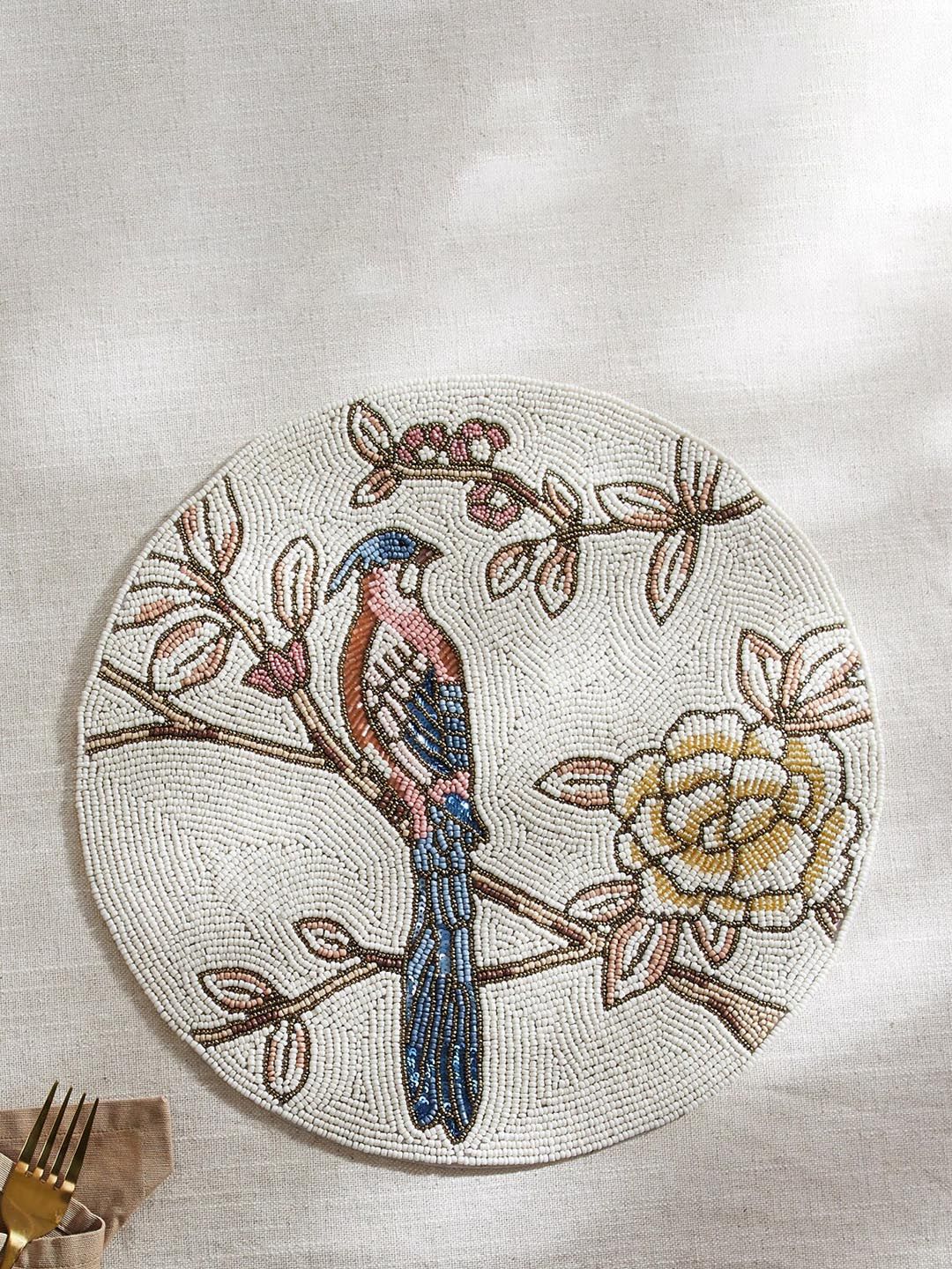 Home Centre Off White & Blue Alora Birds of Paradise Round-Shaped Beaded Table Placemats-image-7