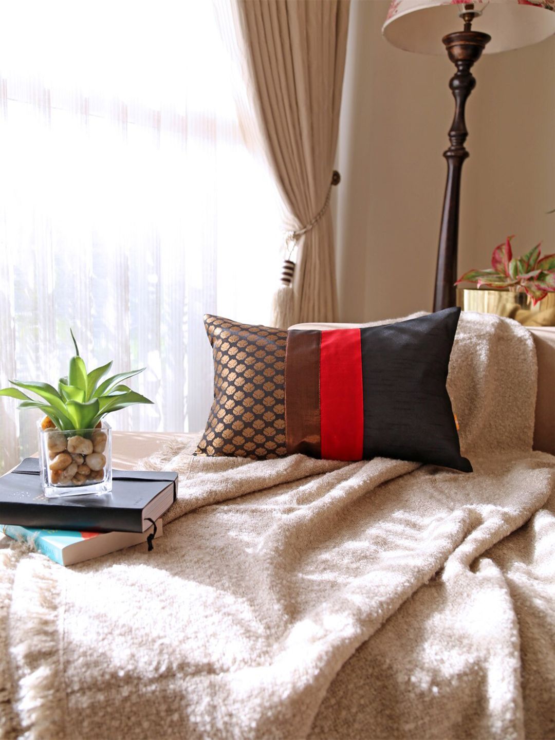 ANS Black & Red Ethnic Motifs Rectangle Brocade Cushion Cover-picture-13