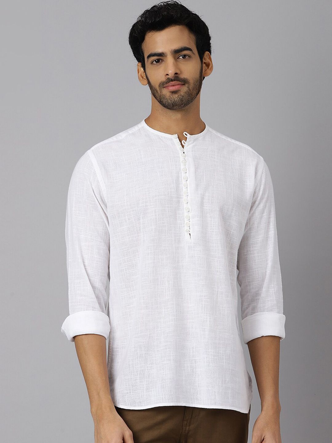 KINGDOM OF WHITE Full Sleeve Loop Detail Cotton Short Kurta-picture-21