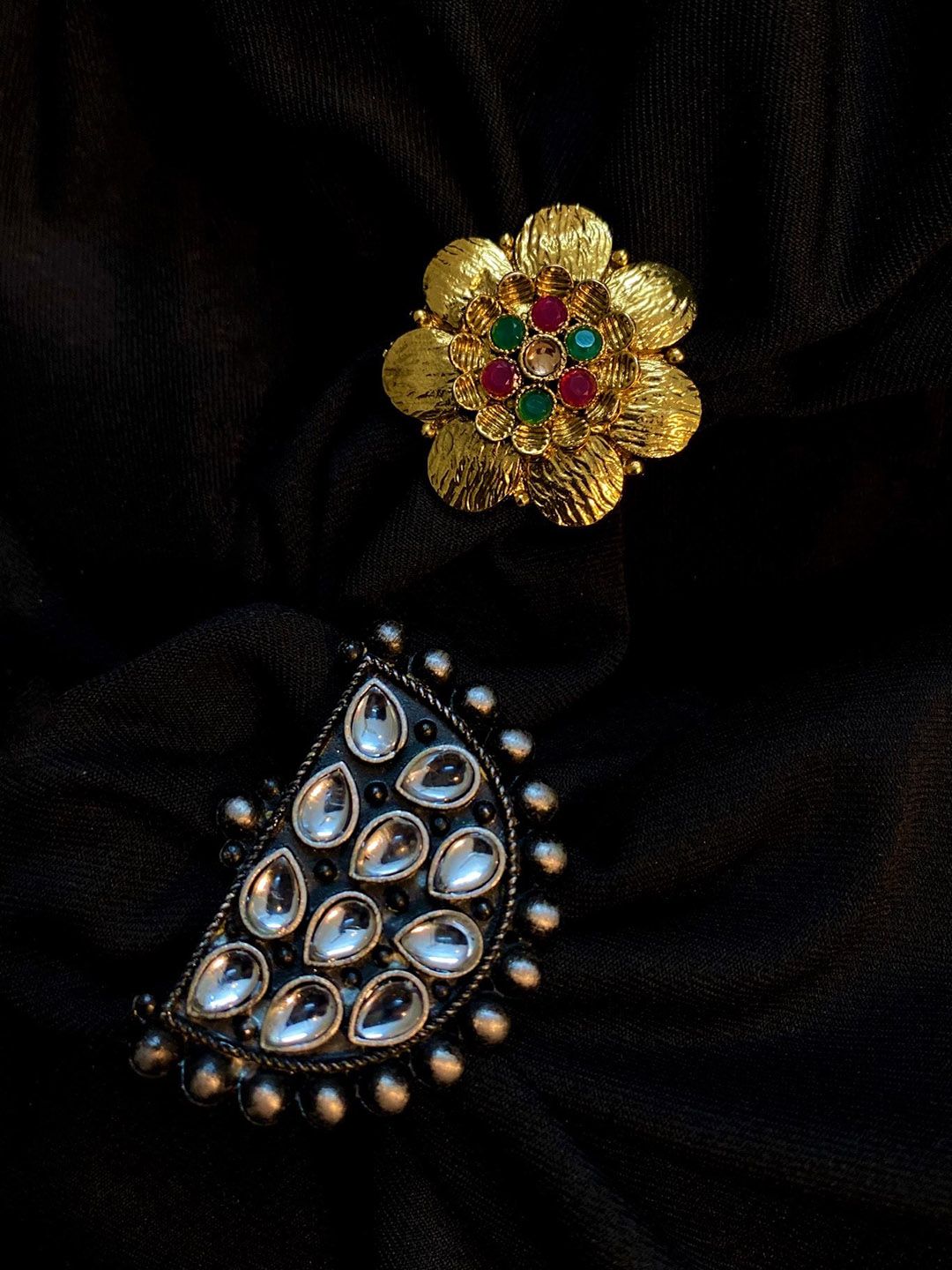 ATIBELLE Set Of 2 Gold & Silver-Plated Stone-Studded Adjustable Finger Rings